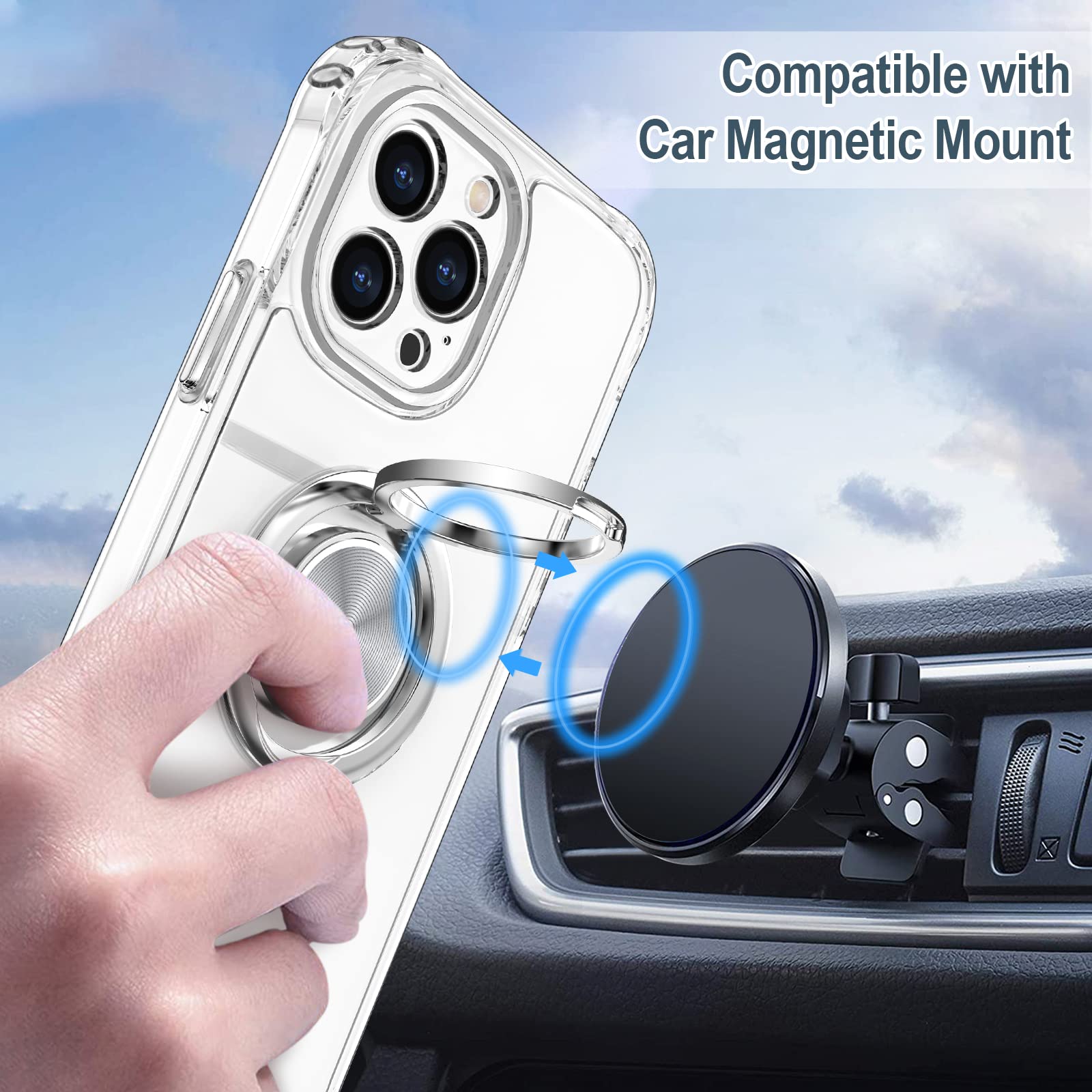 Hython For Iphone 13 Pro Max Case With Ring Stand [360 Rotatable Ring Holder Magnetic Kickstand] [Support Car Mount] Transparent