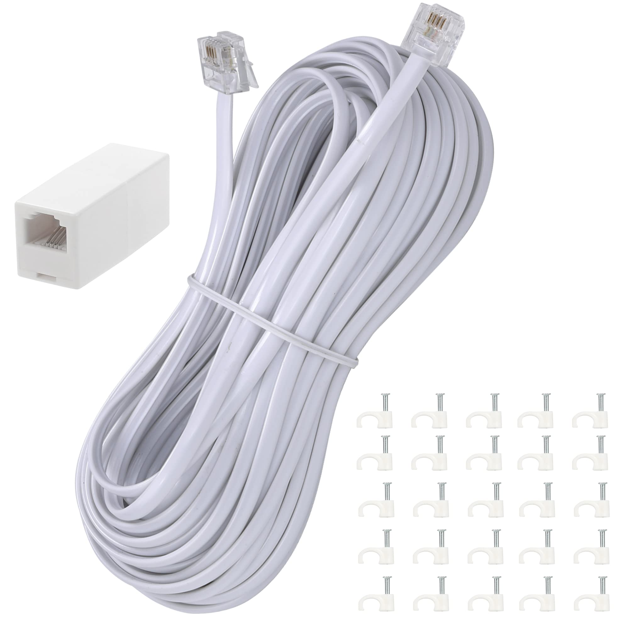 Ubramac 50Feet Long Telephone Extension Cord Phone Cable Line Wire, With Standard Rj11 Plug And 1 In Line Couplers And 25 Cable