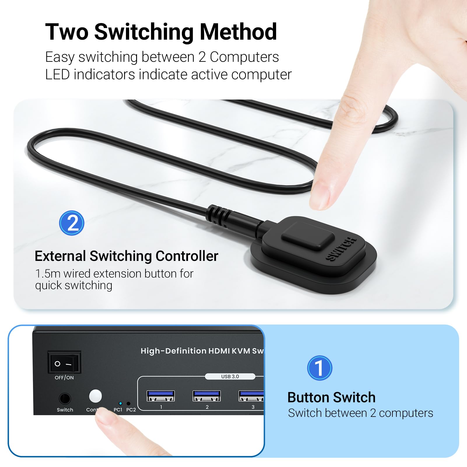 4K/60Hz Hdmi Kvm Switch 2 Computers 3 Monitors, 2 Port Hdmi Kvm Switcher 2 In 3 Out For 2 Pc Share 3 Monitors And 4 Usb 3.0 Port