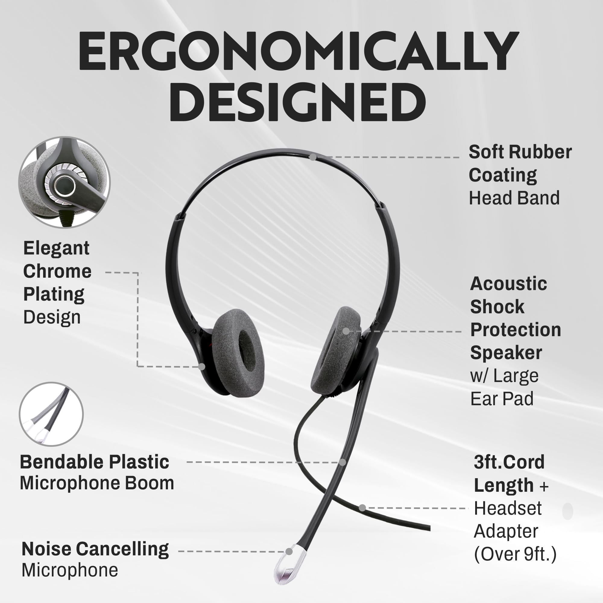 Innotalk   Rj9 Superb Binaural Office Phone Headset & Qd Adapter, Call Center Phone Headset, Telephone Headset For Polycom, Mite