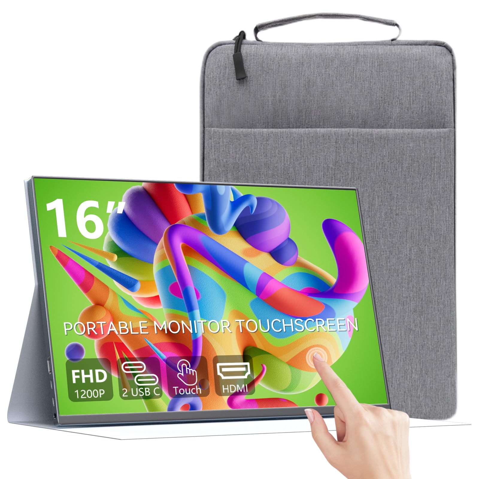 Pixluxe 16 Inch Touchscreen Portable Monitor, 1920x1200 FHD IPS, USB-C HDMI, Built-in Speakers, Ultra-Slim Metal External Displa