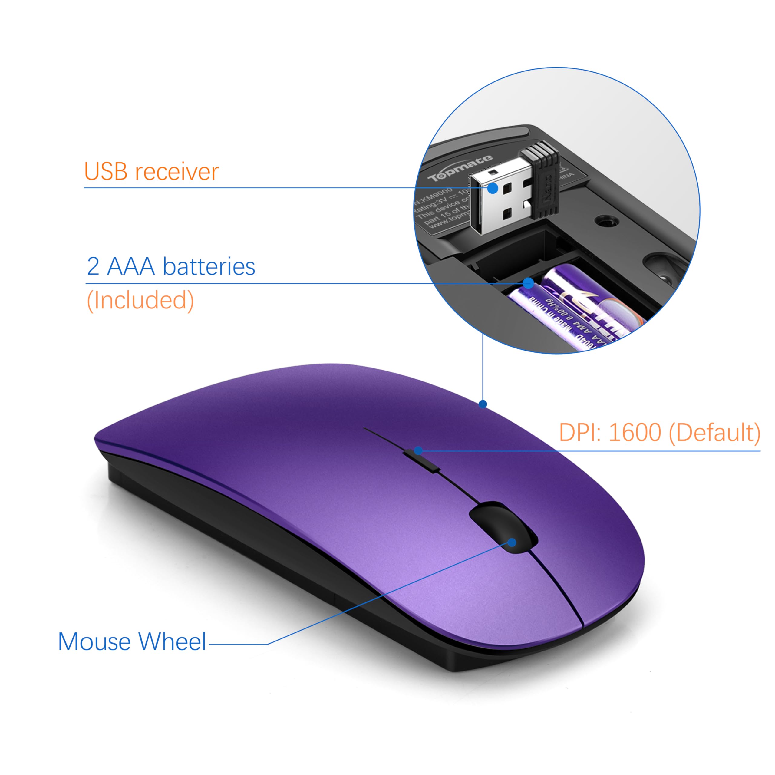 Wireless Keyboard And Mouse Ultra Slim Combo, Topmate 2.4G Silent Compact Usb 2400Dpi Mouse And Scissor Switch Keyboard Set With Cover, 2 Aa And 2 Aaa Batteries, For Pc/Laptop/Windows/Mac Purple Black
