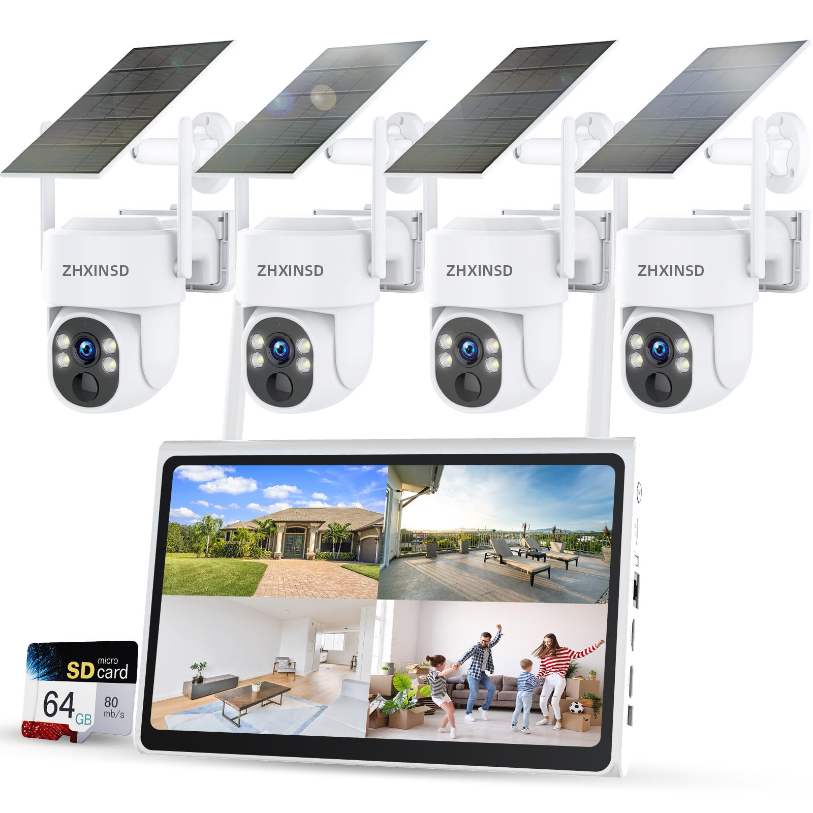 Zhxinsd Ptz Security Cameras Wireless Outdoor Solar Powered With 10 Inch Monitor 10Ch 2.5K Wirefree Security Camera System With 