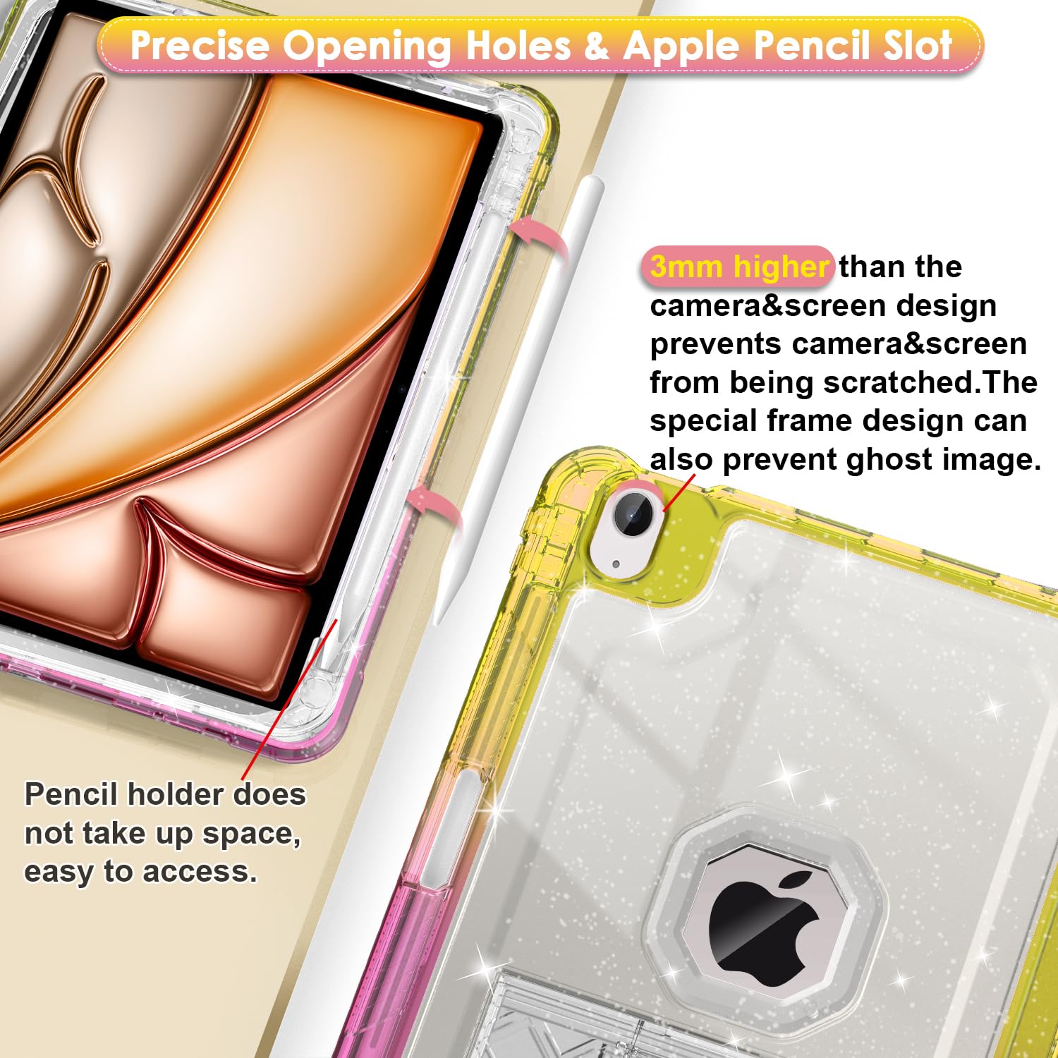 Zonefoker For Ipad Air 11 Inch Case 6Th/5Th/4Th Generation M2 11 Inch 2024/2022/2020 Case, Glitter Slim Cover For Kids With Penc