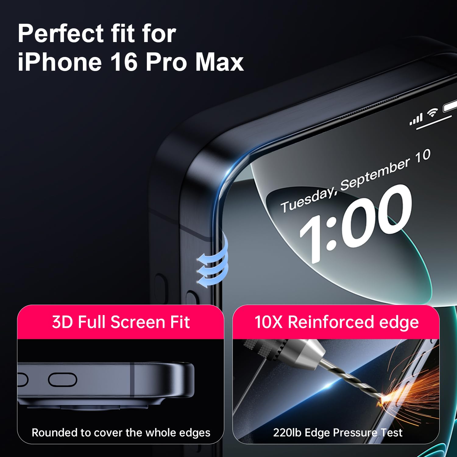 X It 2 Pack Screen Protector For Iphone 16 Pro Max(6.9''), 9H+ Tempered Glass, Auto Dust Removal, Military Grade Protection, Bub