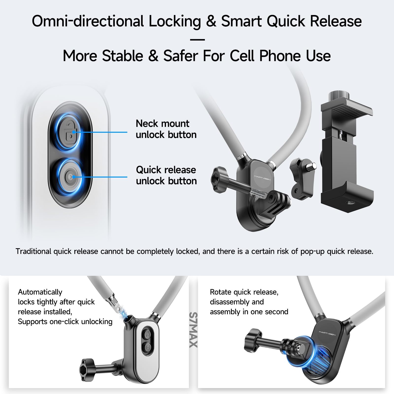 Martvsen Magnetic Neck Holder For Action Camera & Phone, Hands Free Mount For Gopro Dji Insta360 Iphone 16 Android, Neck Camera