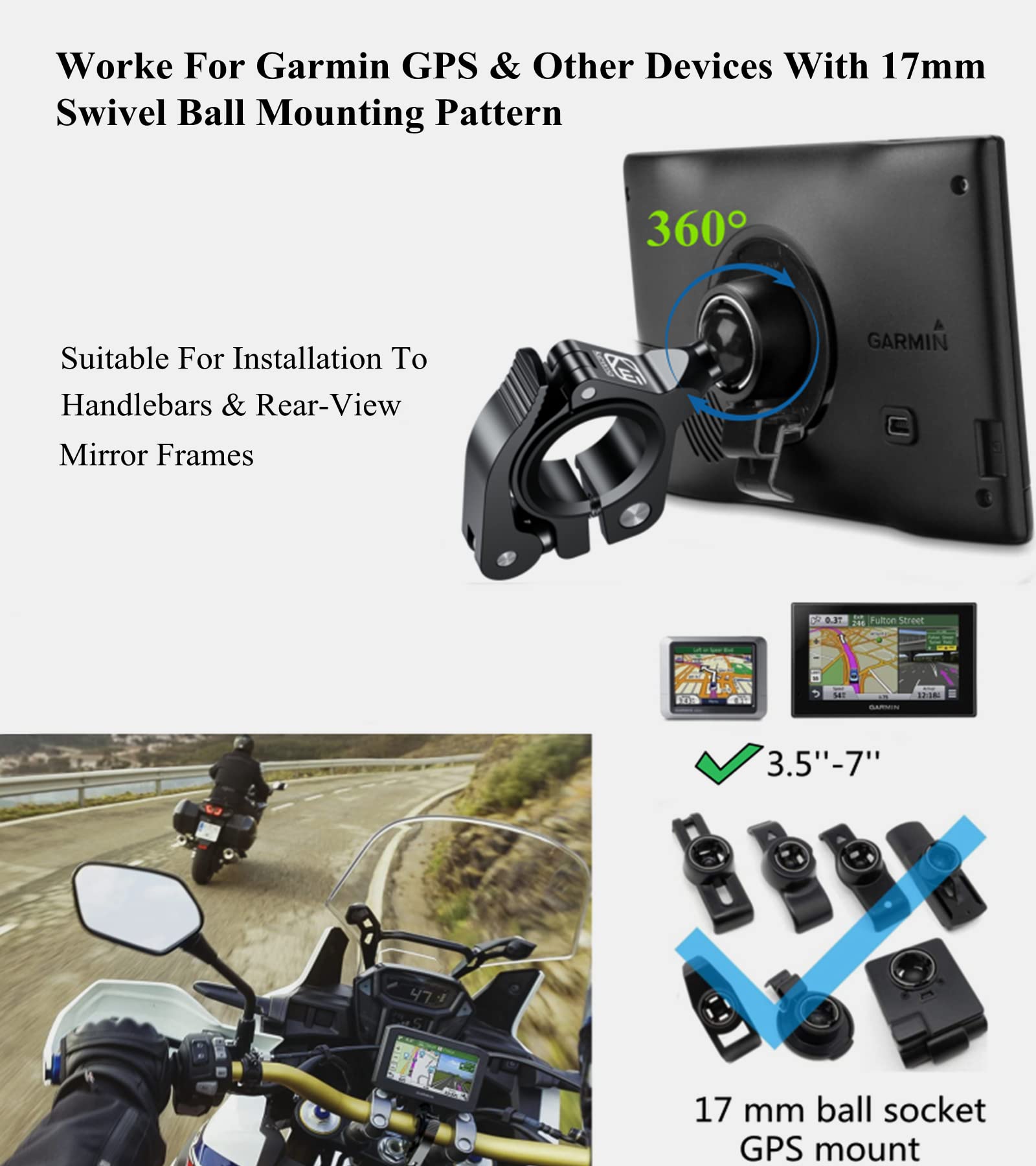 Brcovan Aluminum Alloy Handlebar Clamp Mount Base With 17Mm Tpu Ball For Rails Diameter 0.5''/0.87''/1'' 1.125''/1.26'', Tool Free Installation