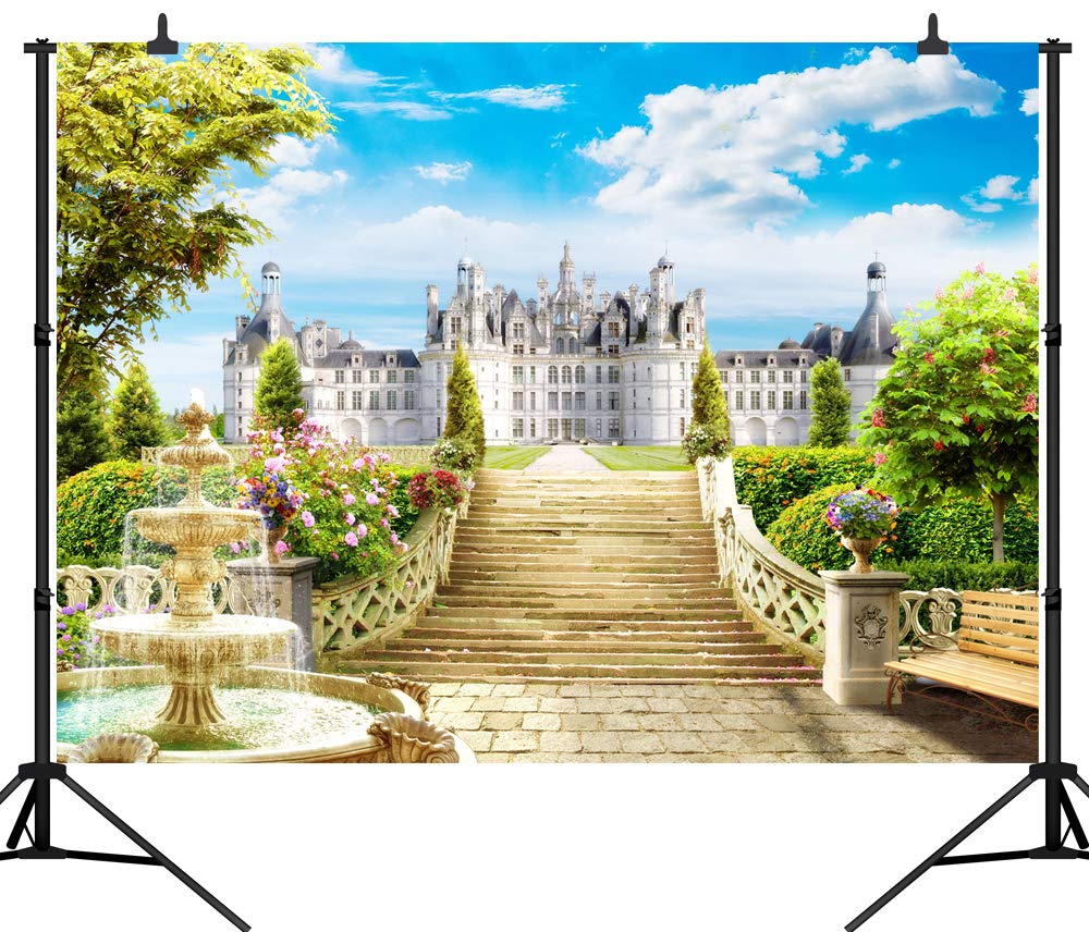 Capisco 7X5Ft Castle Stairs Backdrop Vinyl Photography Studio Background Outdoor Fountain Blue Sky White Clouds Wedding Party De