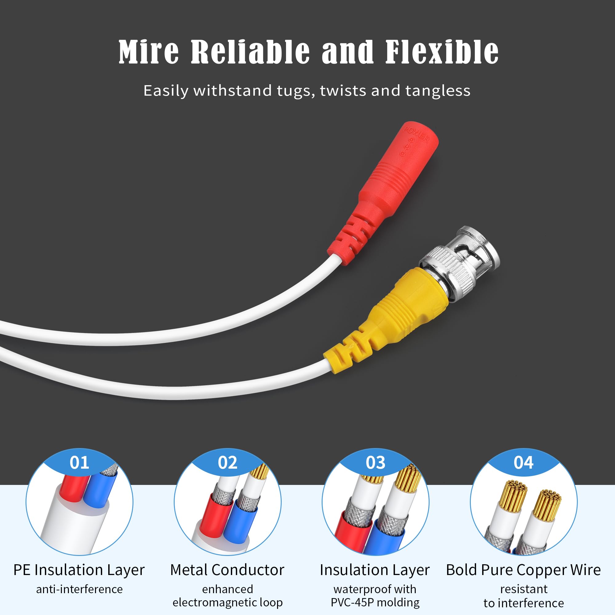 Omilik 1 Pack 65Ft White Bnc Video Power Cable Security Camera Cable Wire Cord For Cctv Dvr Surveillance System With Connectors