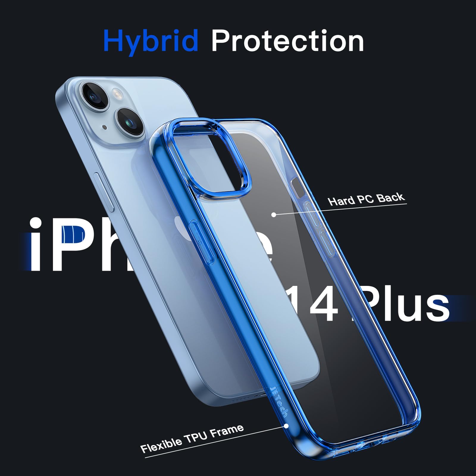Jetech Case For Iphone 14 Plus 6.7 Inch, Non Yellowing Shockproof Phone Bumper Cover, Anti Scratch Clear Back (Blue)