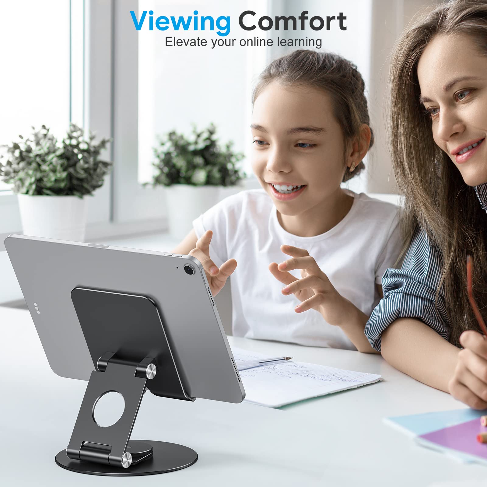 Omoton Swivel Tablet Stand For Ipad With 360 Rotating Base, Foldable Adjustable Holder For Drawing, Compatible With Ipad Pro/Air/Mini And More, Black Gray