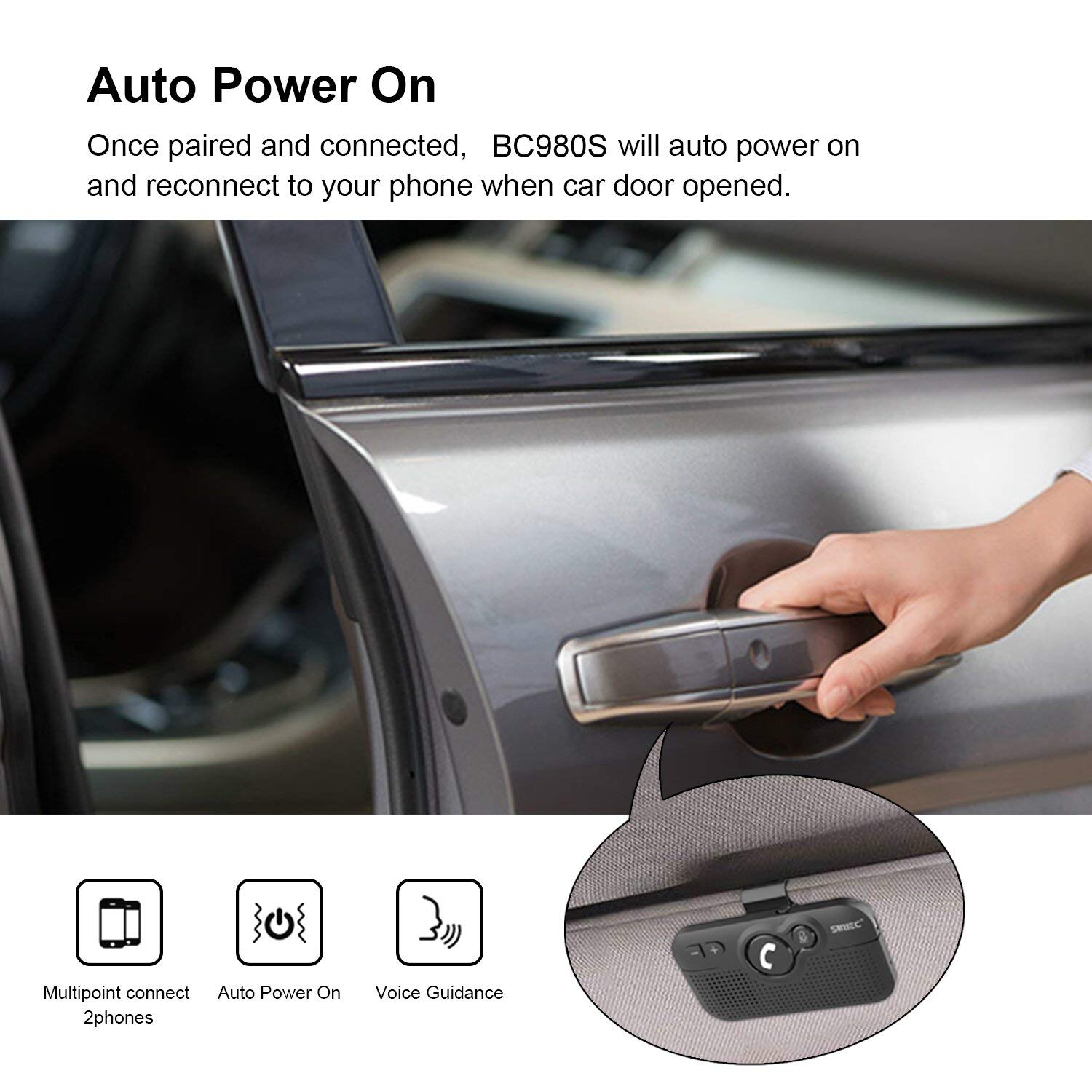 Sunitec Handsfree Bluetooth Car Kit For Cell Phone, Wireless Bluetooth Speaker For Car, Auto Power On Support Siri Google Voice