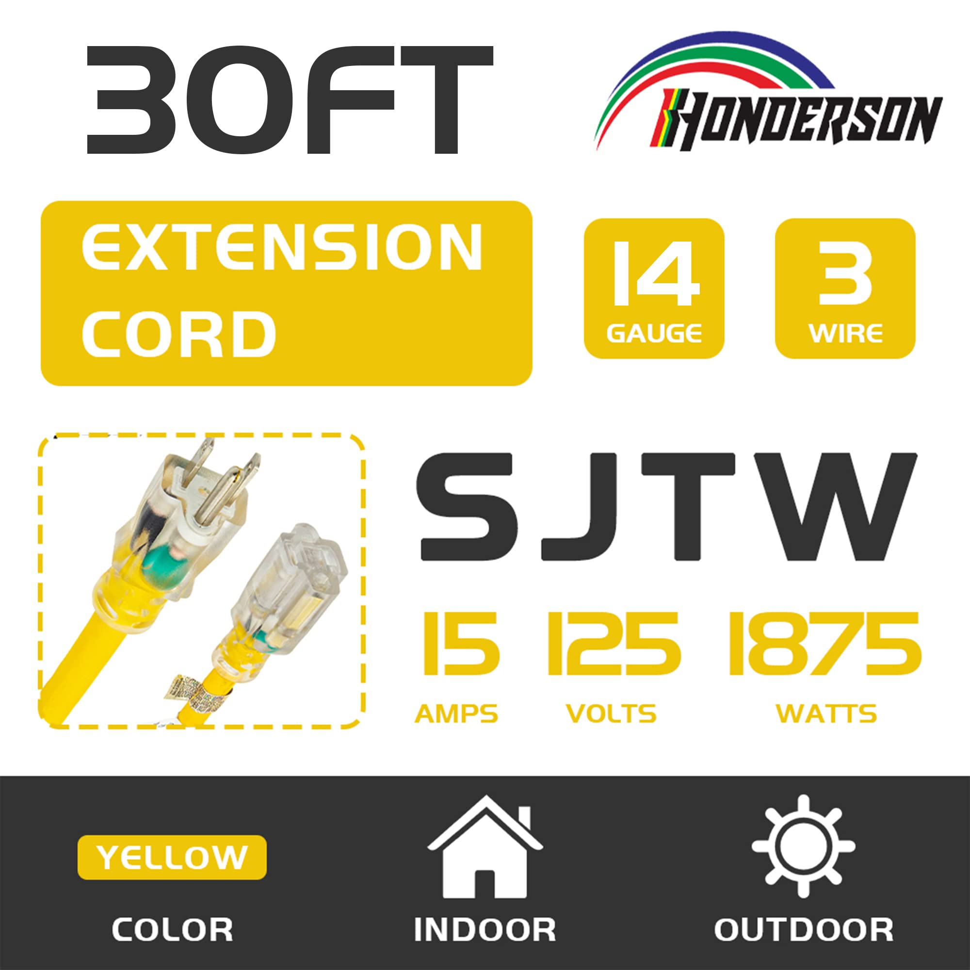 Honderson Indoor Outdoor Extension Cord Weatherproof With Lighted End, Ul Listed, 14 Gauge 30Ft Yellow 3 Prong Heavy Duty Extens