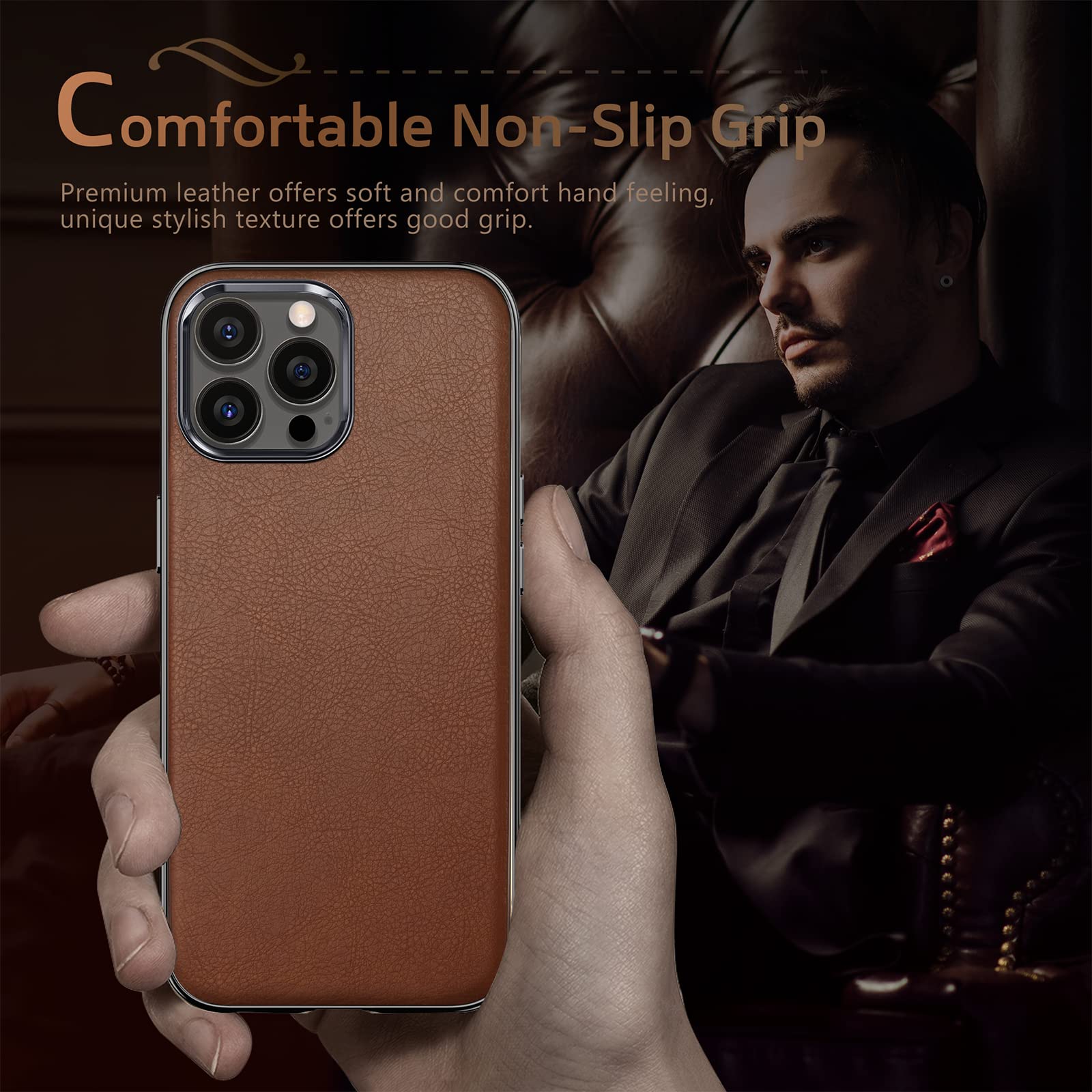 Lohasic Compatible With Iphone 13 Pro Max Case, Luxury Leather Slim Business Classic Elegant Cover Shockproof Protective Phone C
