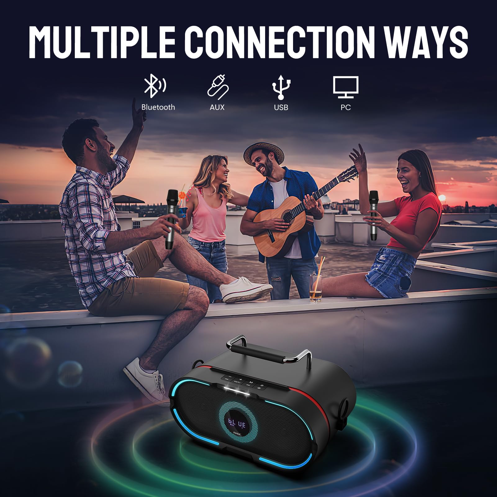 Rhm K666Plus Karaoke Machine With Powerful Sound & Rgb Lights, 2 Wireless Microphones, Rechargeable Battery, 7 Hours Playtime, S