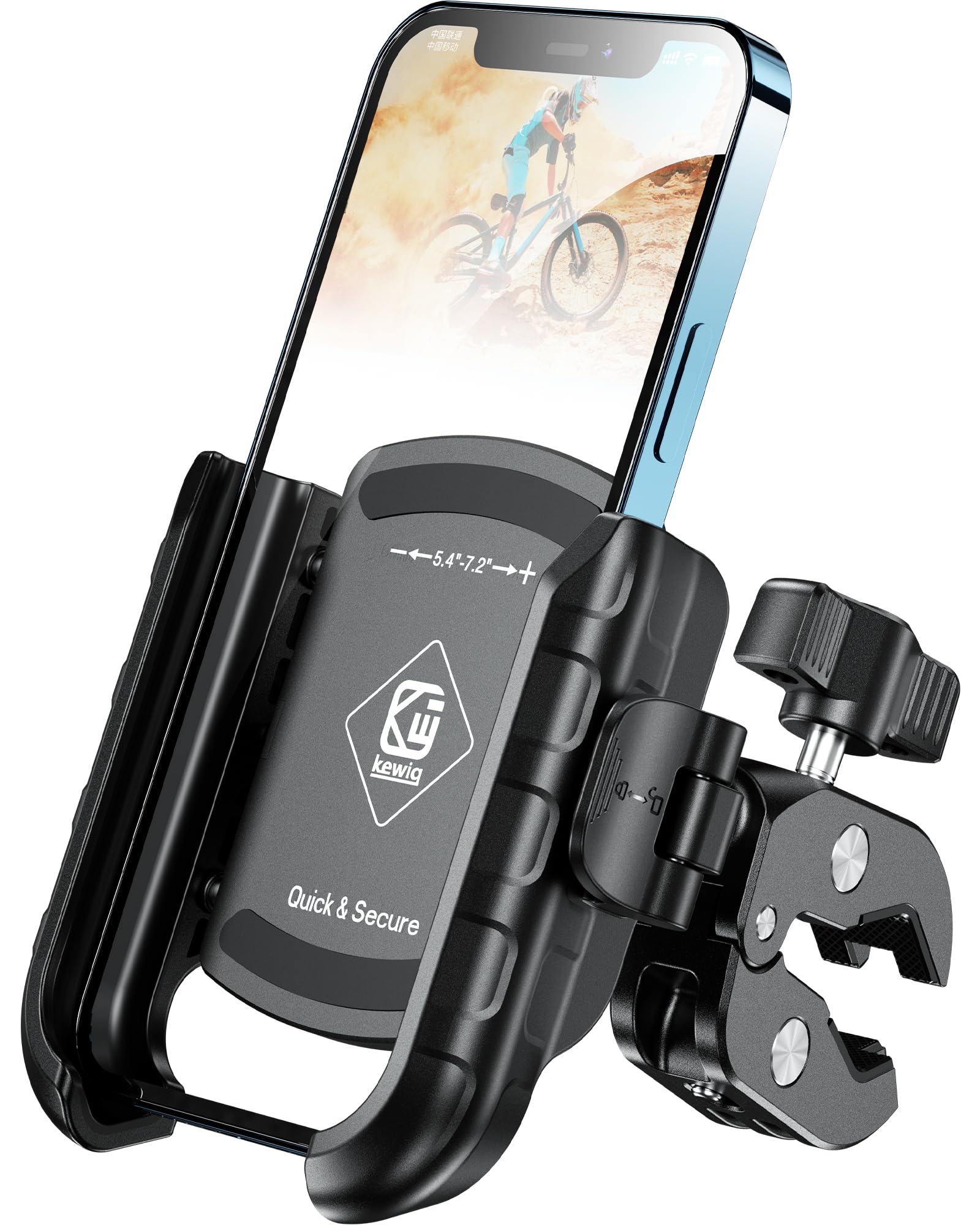 Kewig Motorcycle Phone Mount, Adjustable Handlebar Clip, 360 Rotation, Camera Friendly, Wide Compatible, Secure Phone Holder, Un