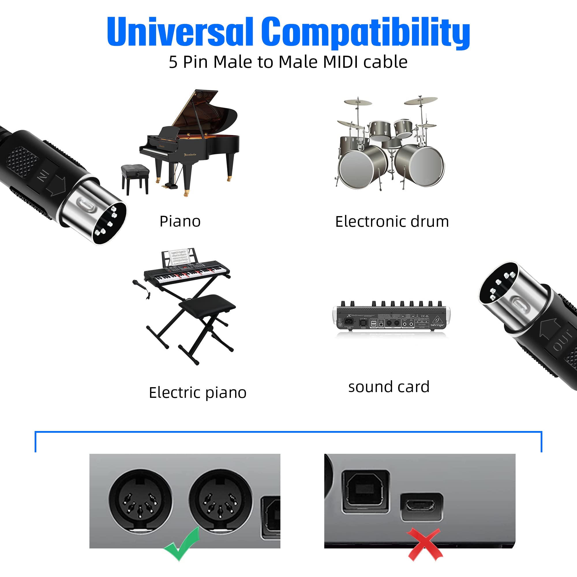 Bxizxd 2 Pack 10Ft Midi Cable, Male To Male 5 Pin Midi Cable For Midi Keyboard, Electronic Piano, Electronic Drum