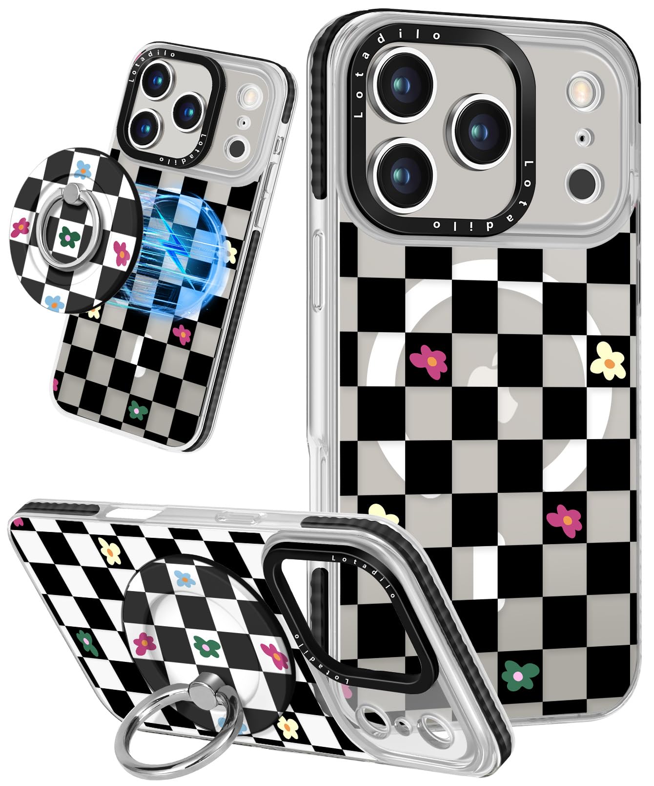 Lotadilo Case for iPhone 17 Pro Case Compatible with Magsafe Ring Holder Stand - for Women Plaid Flower Design TPU Phone Cover f