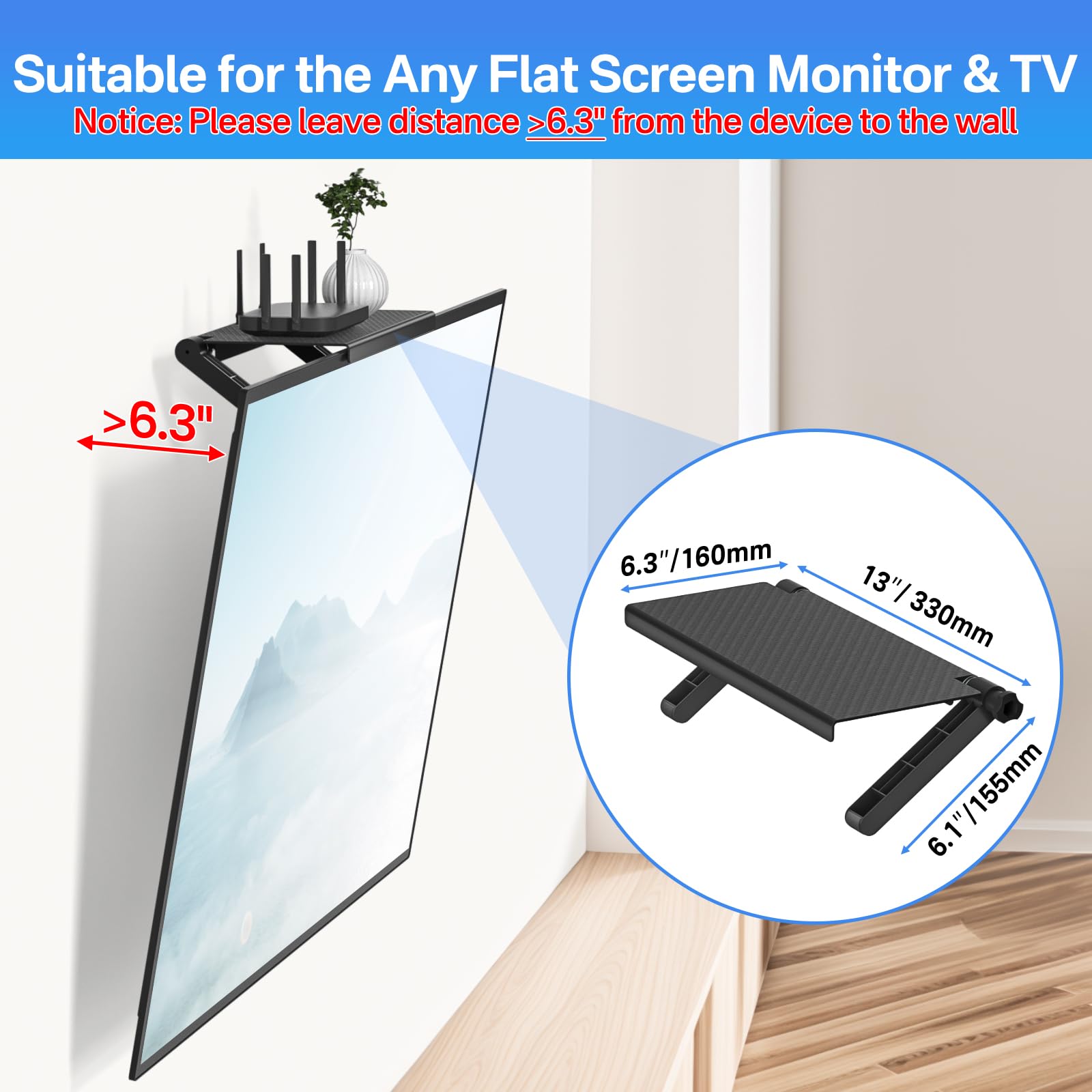 13 Inch Wide Platform Adjustable Tv Top Shelf,Screen Top Shelf Mount,Monitor Top Of Tv Shelf Mounting Bracket For Streaming Devi