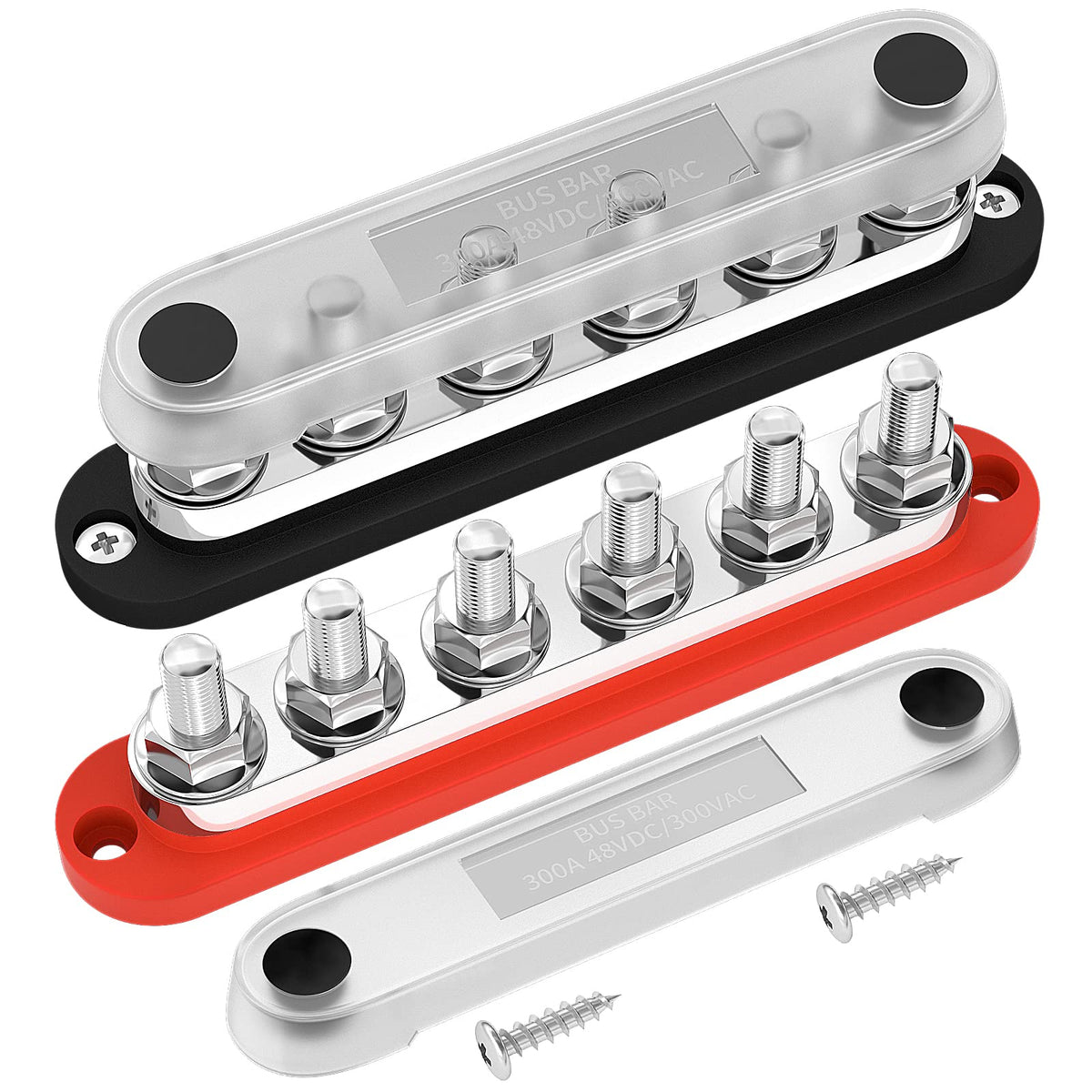 Daiertek 300A Bus Bar 12V Marine 12V Power Distribution Block With Cover 6 X 3/8'' (M10) Terminal Studs Max 300V Ac 48V Dc Posit