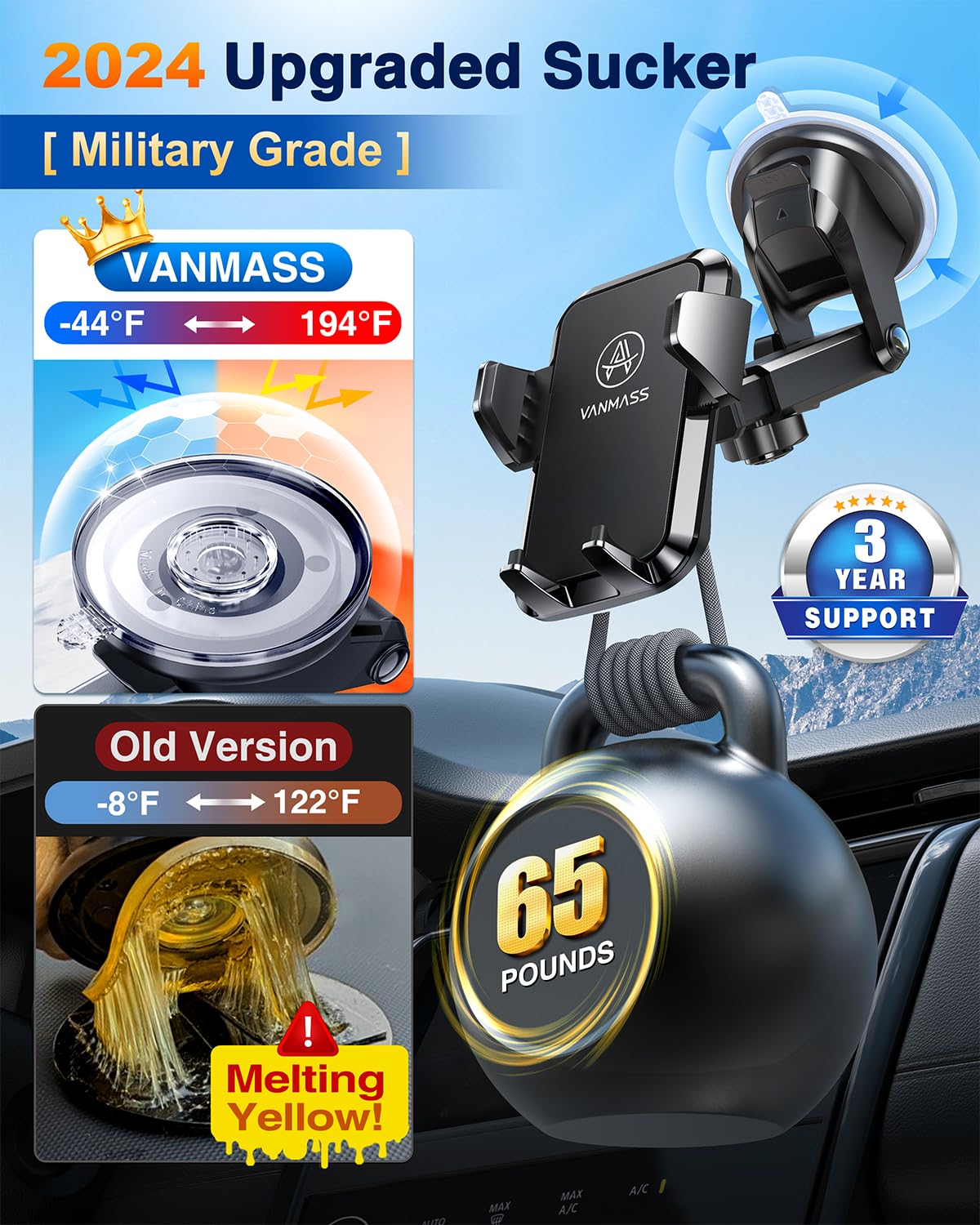 Vanmass 2024 Best Car Phone Holder [Upgraded Durable & Stable] Cell Phone Car Mount For Dashboard Windshield Vent, Suction Phone