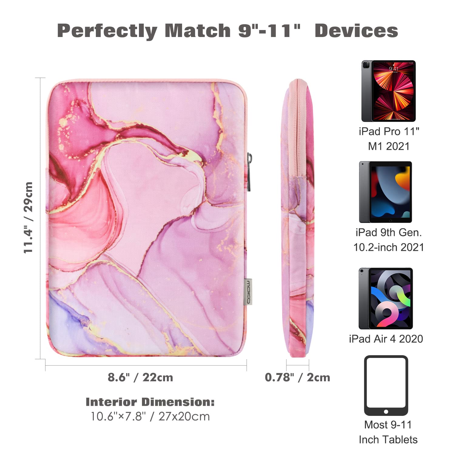 MoKo 9 11 Inch Tablet Sleeve Bag Carrying Case Fits iPad air 5 10.9' 2022,iPad Pro 11 M2 2022 2018,iPad 10th 10.9,iPad 9/8/7th Gen 10.2,iPad Air 4 10.9/Air 3 10.5,Tab S8/S9 11',Cloudy Pink