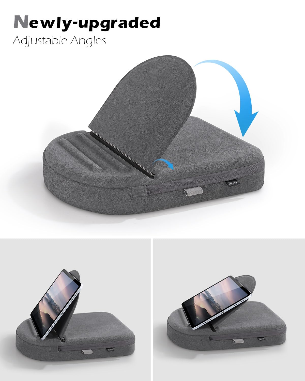 MoKo New Tablet Pillow Stand   Adjustable Viewing Angles Design, Tablet Pillow Holder for Lap/Bed/Desk, with Stylus Pen Holder, Compatible with iPad Pro 11/10.9/10.2 Up to 11', Phone, Book, Gray