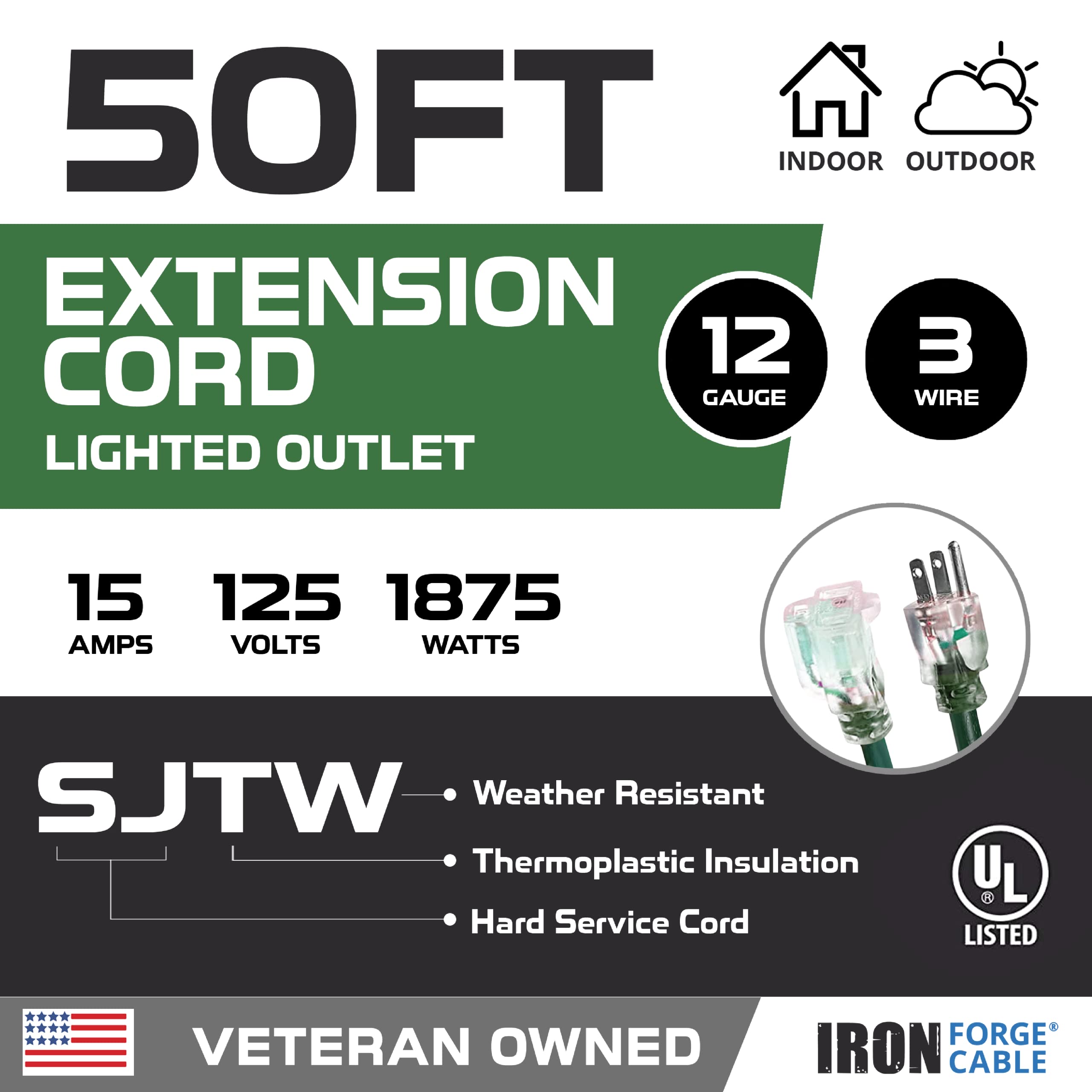 Iron Forge Cable 50 Foot Outdoor Extension Cord,12/3 Sjtw Heavy Duty Green Extension Cable With 3 Prong 50 Ft, Weatherproof Cord