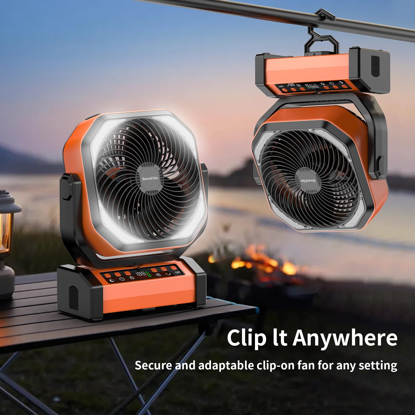 Socool Camping Fan With Light   20000Mah Rechargeable Battery Fan, 112Hrs Max Run Time, 9 Speeds, Digital Display, Timer, Auto O
