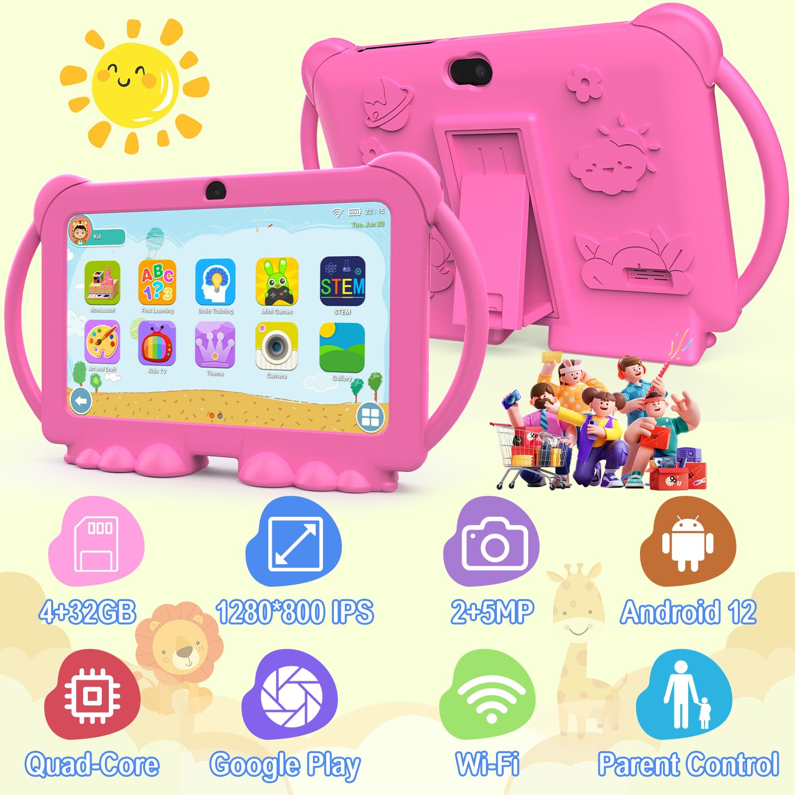 Peicheng Kids Tablets, Android 12 Tablet For Kids, 4Gb Ram 32Gb Rom Toddler Tablet 7 Inch Ips Screen, Parental Control, 2+5Mp Du