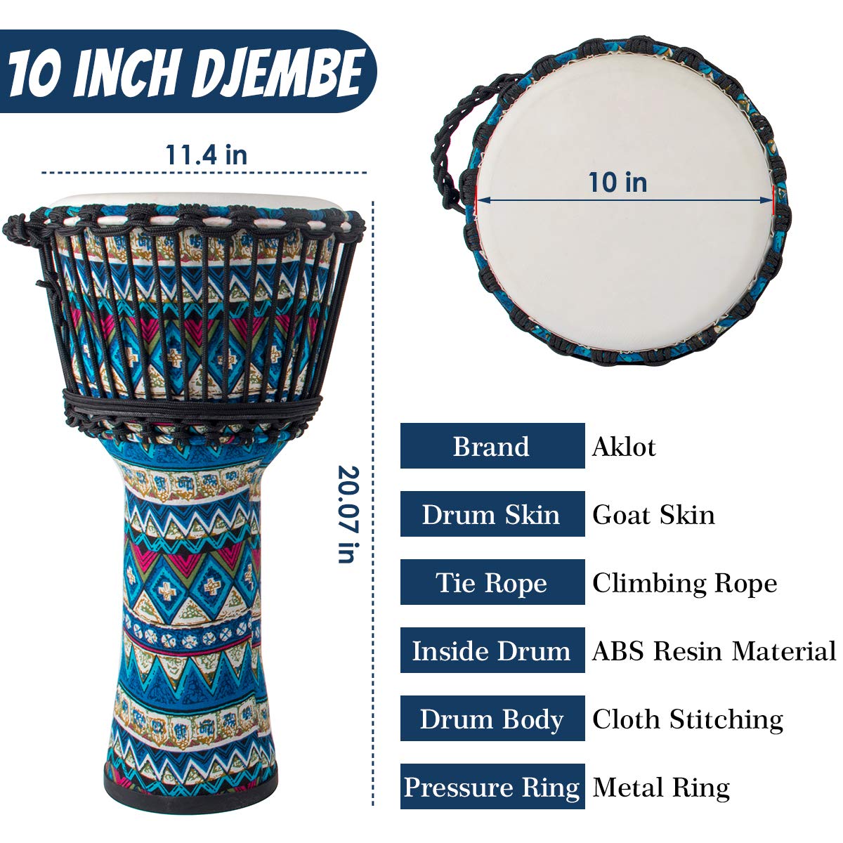 Djembe Drum, Aklot African Drum Cloth Stitching 11 X 20 Abs Resin Lightweight Goatskin Drumhead For Starter Beginners(Blue F