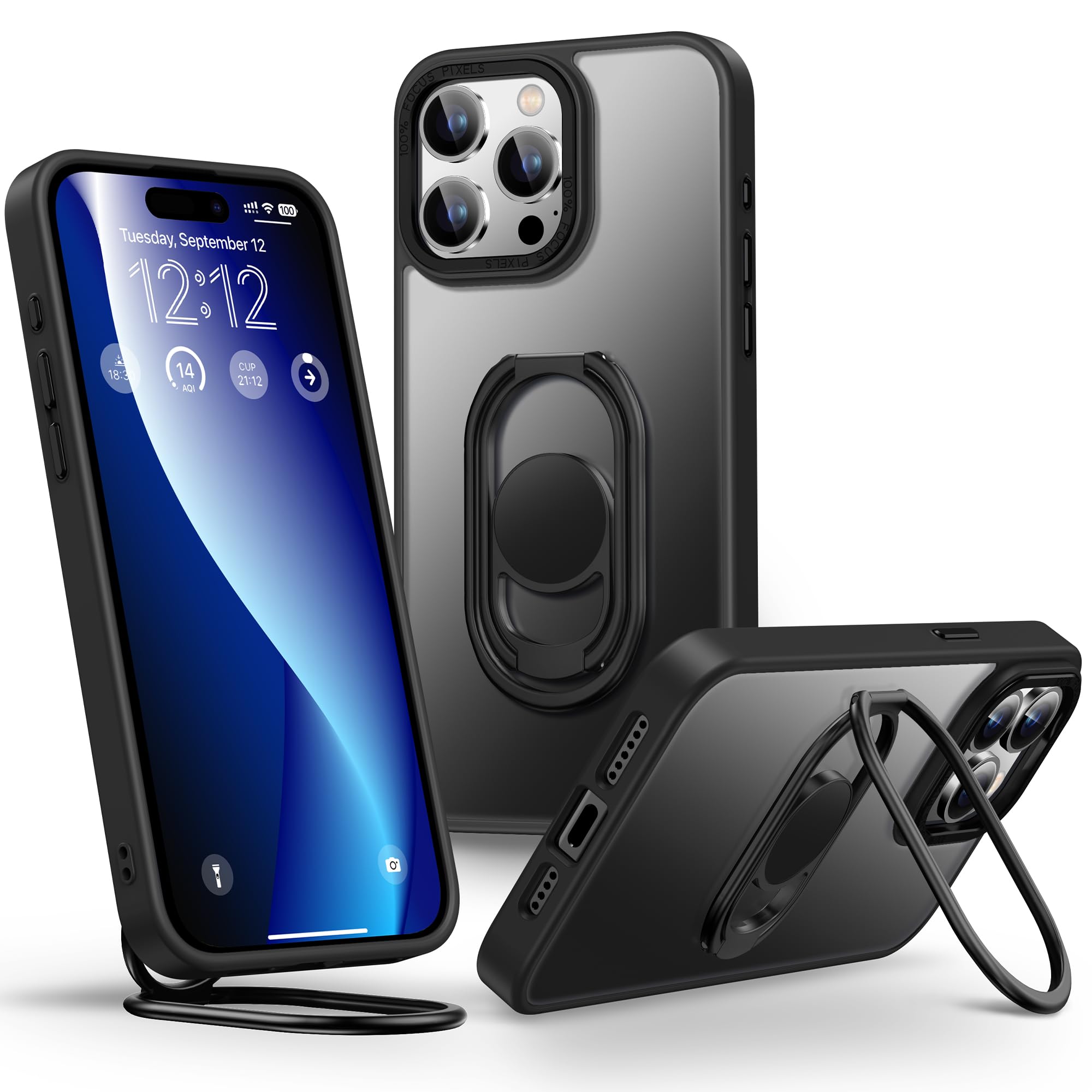 Shields Up for iPhone 15 Pro Max Case with Stand, Phone Case with Double Ring Holder [Adjustable & Foldable] Protective Transluc