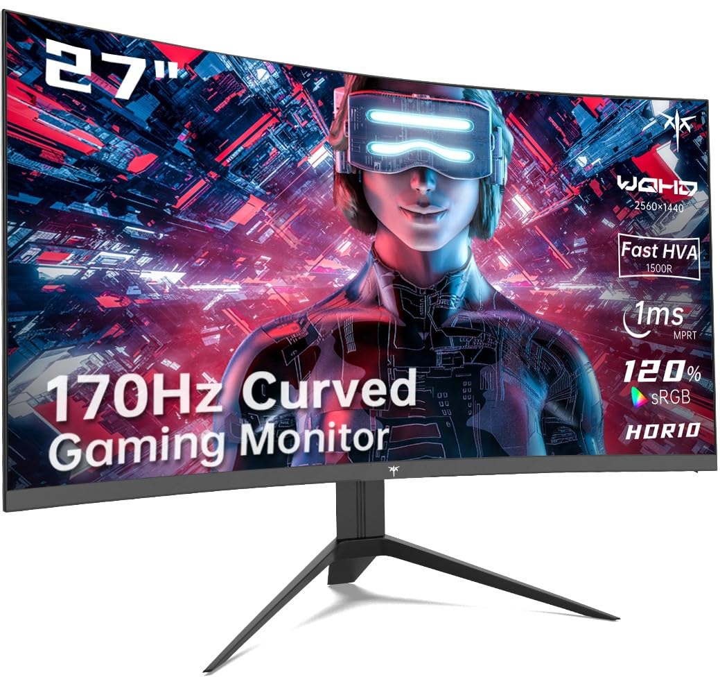 Ktc 27 Inch Gaming Monitor, 1440P Curved Monitor, 170Hz, 144Hz, 2K, 1500R, 1Ms, Freesync Premium/G Sync, Displayport/Hdmi/Usb, V
