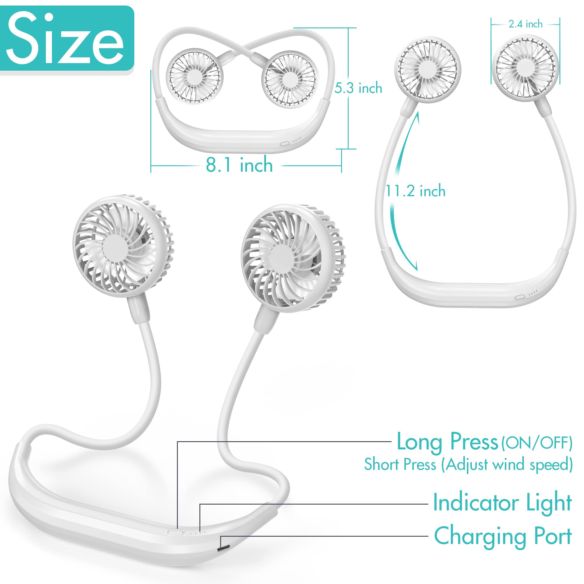 Portable Neck Fan, 2600Mah Battery Operated Ultra Quiet Hands Free Usb Fan With 3 Speeds, Strong Wind, 360 Adjustable High Flexi