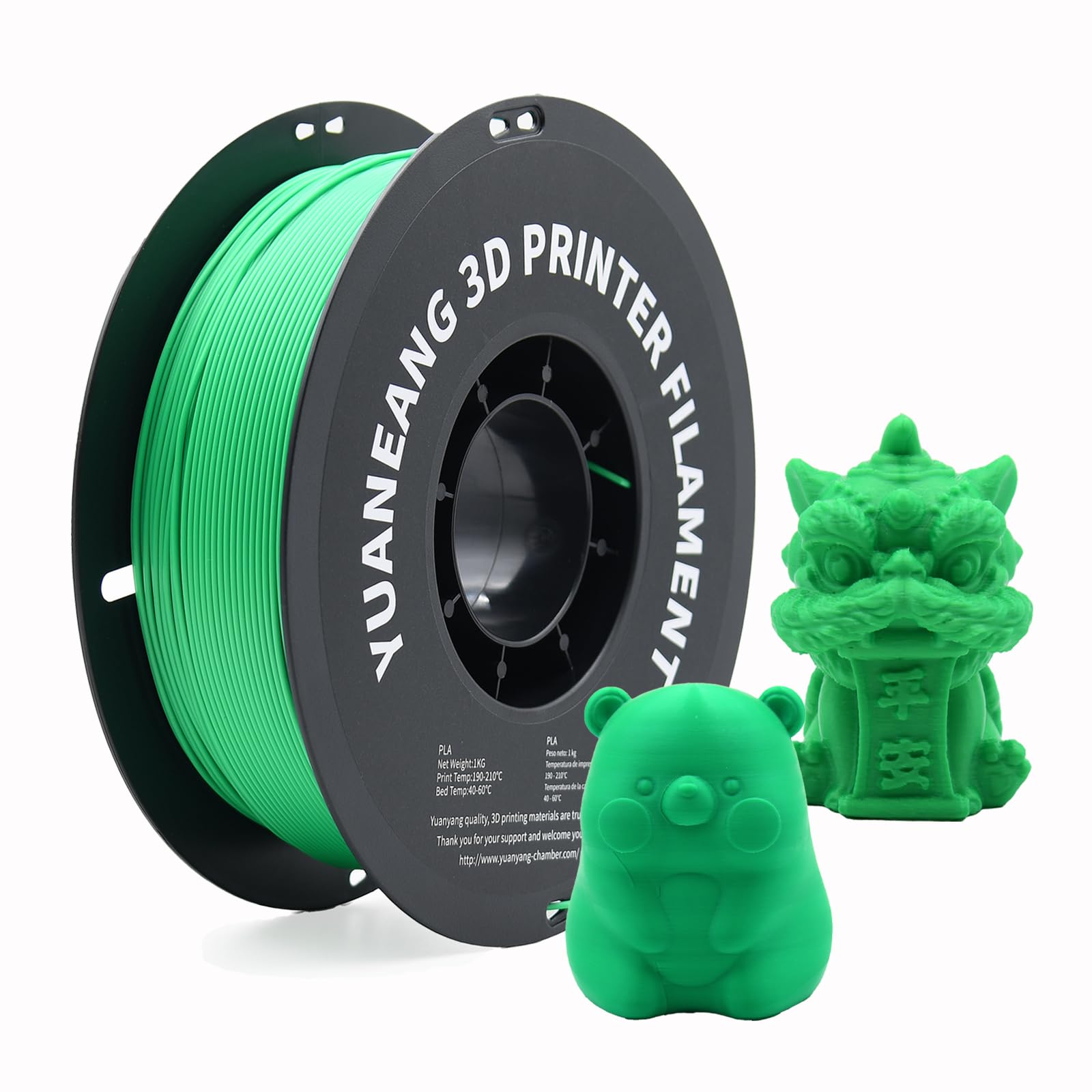 YUANEANG Green PLA 3D Printer Filament 1.75mm, 1kg Spool, 0.03mm Precision, Low-Warp & Easy Printing, Ideal for Models, Crafts, 