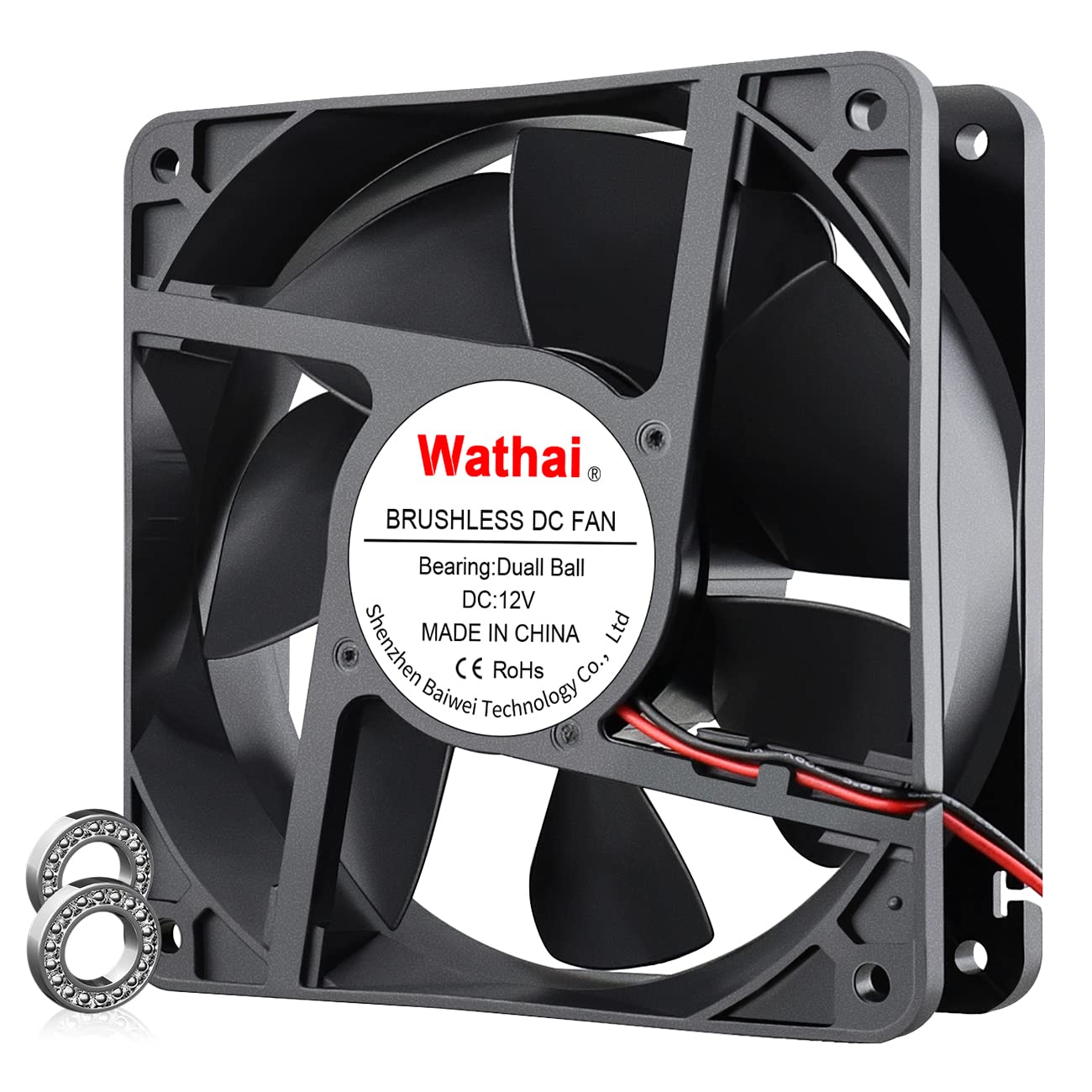 Wathai 120mm x120 x 38mm 12V 2Pin Dual Ball 12cm Industrial Cooling Fan High Airflow