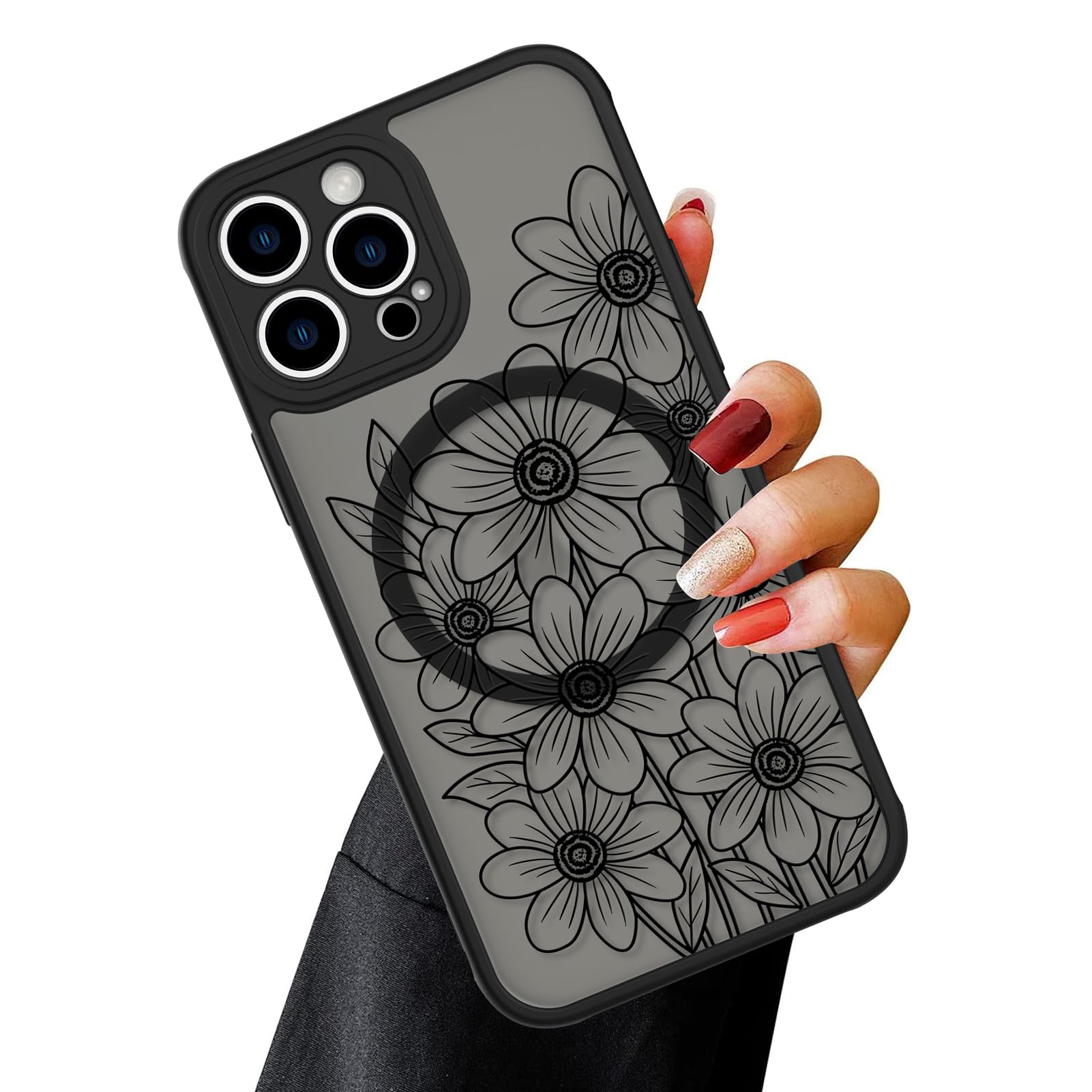 Ook Magnetic For Iphone 14 Pro Max Case Black Flower Sunflower Pattern [Compatible With Magsafe] Slim Translucent Matte Camera L