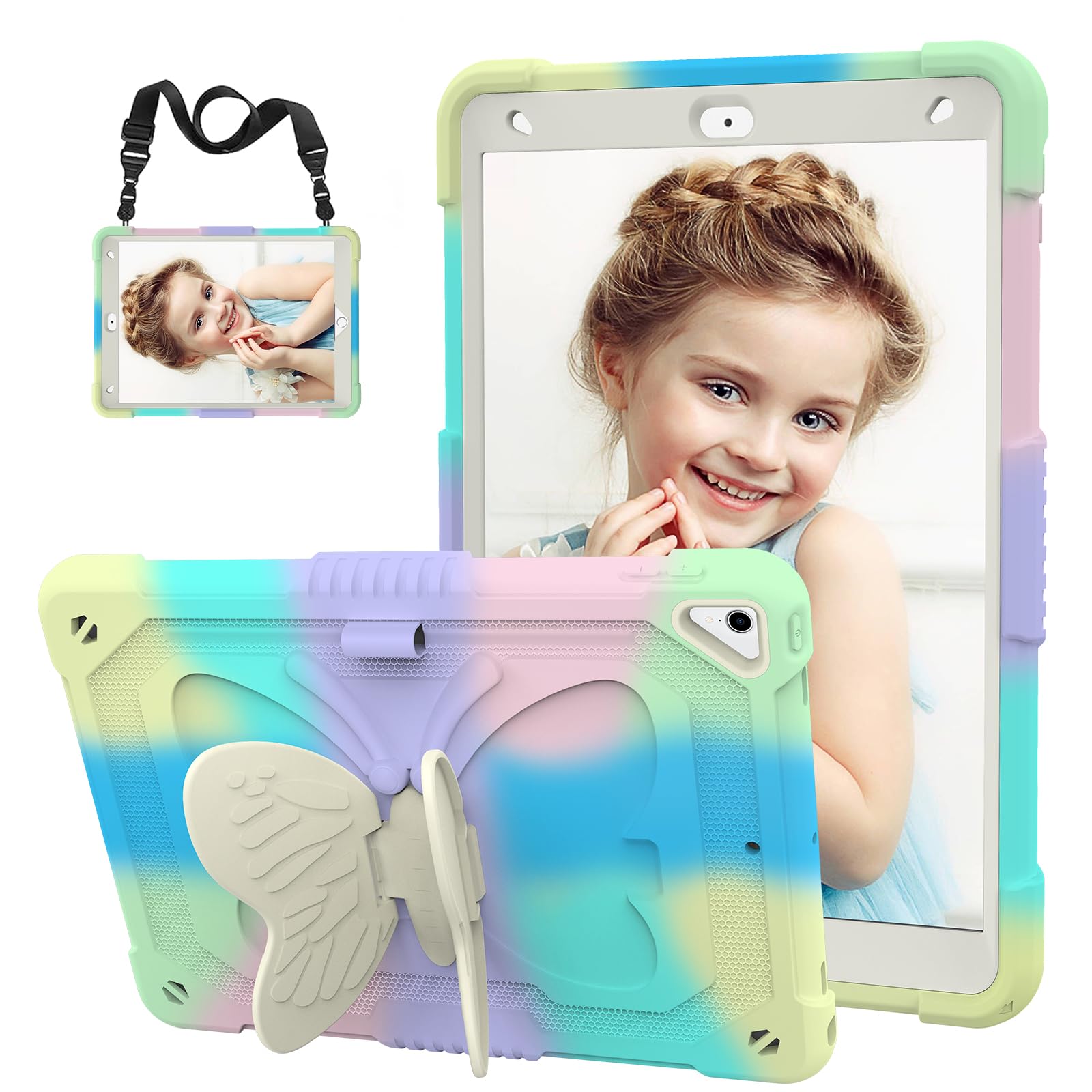 Hogenl For Ipad 9Th 8Th 7Th Generation Case For Kids Girls With Pencil Holder, For Ipad 10.2 Case With Butterfly Stand Shoulder