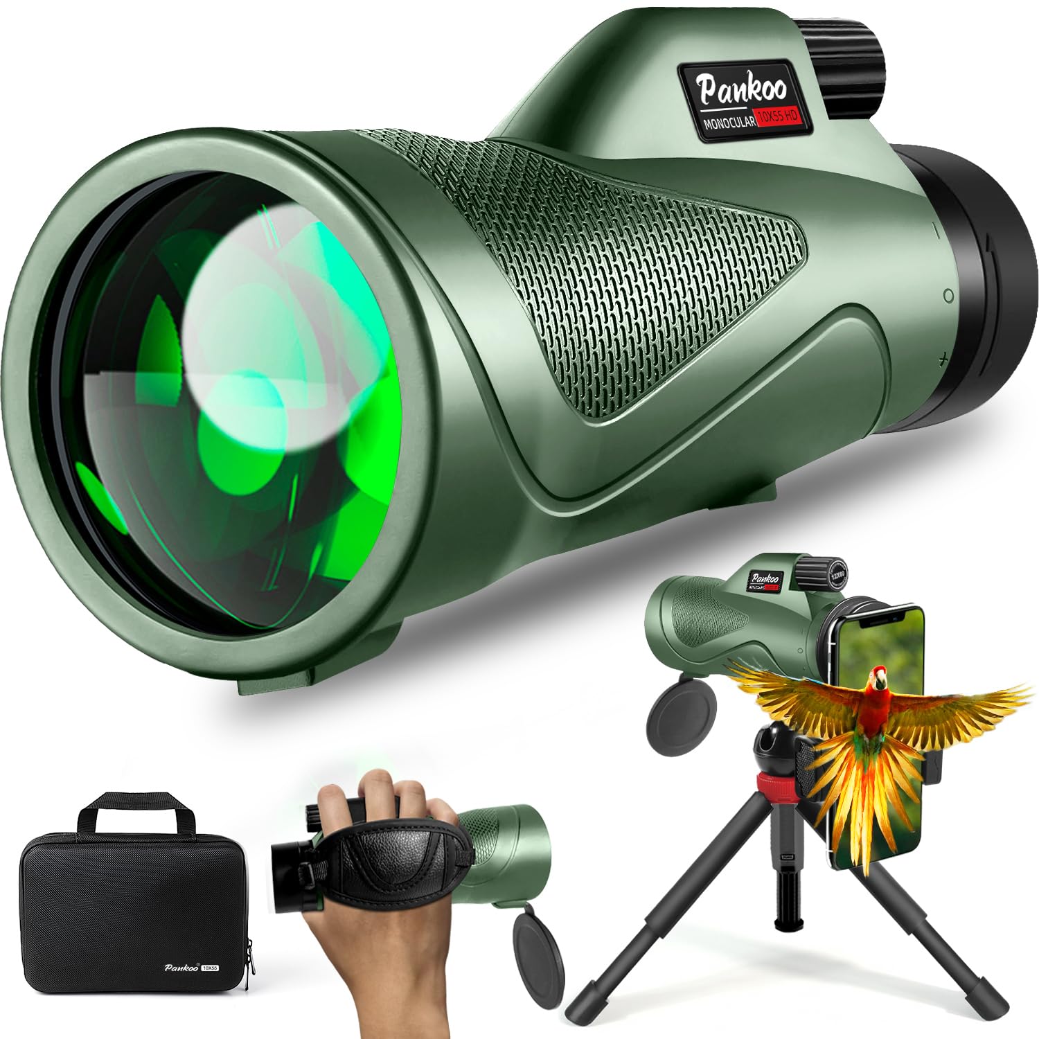 10x55 High-Power Monocular Telescope with Smartphone Tripod, Portable Bag - Ideal for Bird Watching, Hunting, Hiking, Camping - 