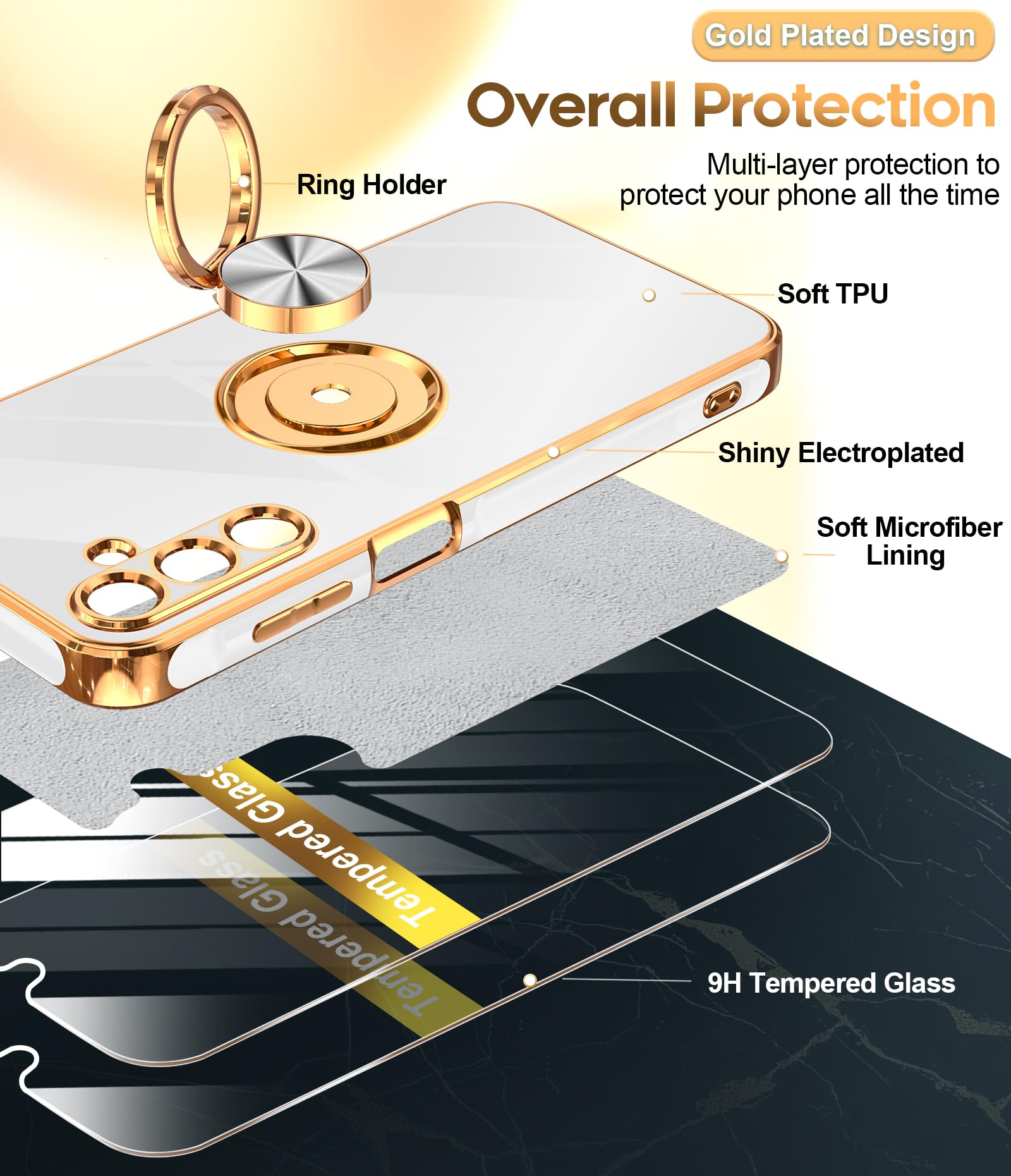 Leyi For A15 5G Phone Case: With Tempered Glass Screen Protector [2 Pack] 360 Rotatable Ring Holder Magnetic Kickstand, Plating