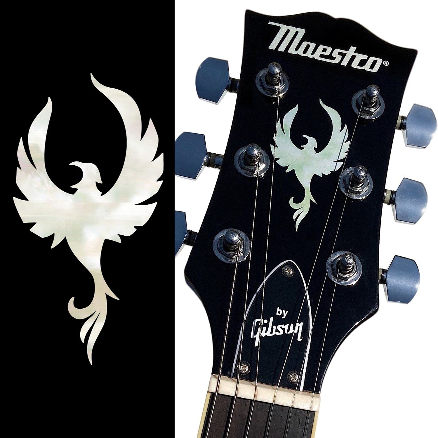 Inlay Sticker For Guitar Headstock   Phoenix Bird   White Pearl