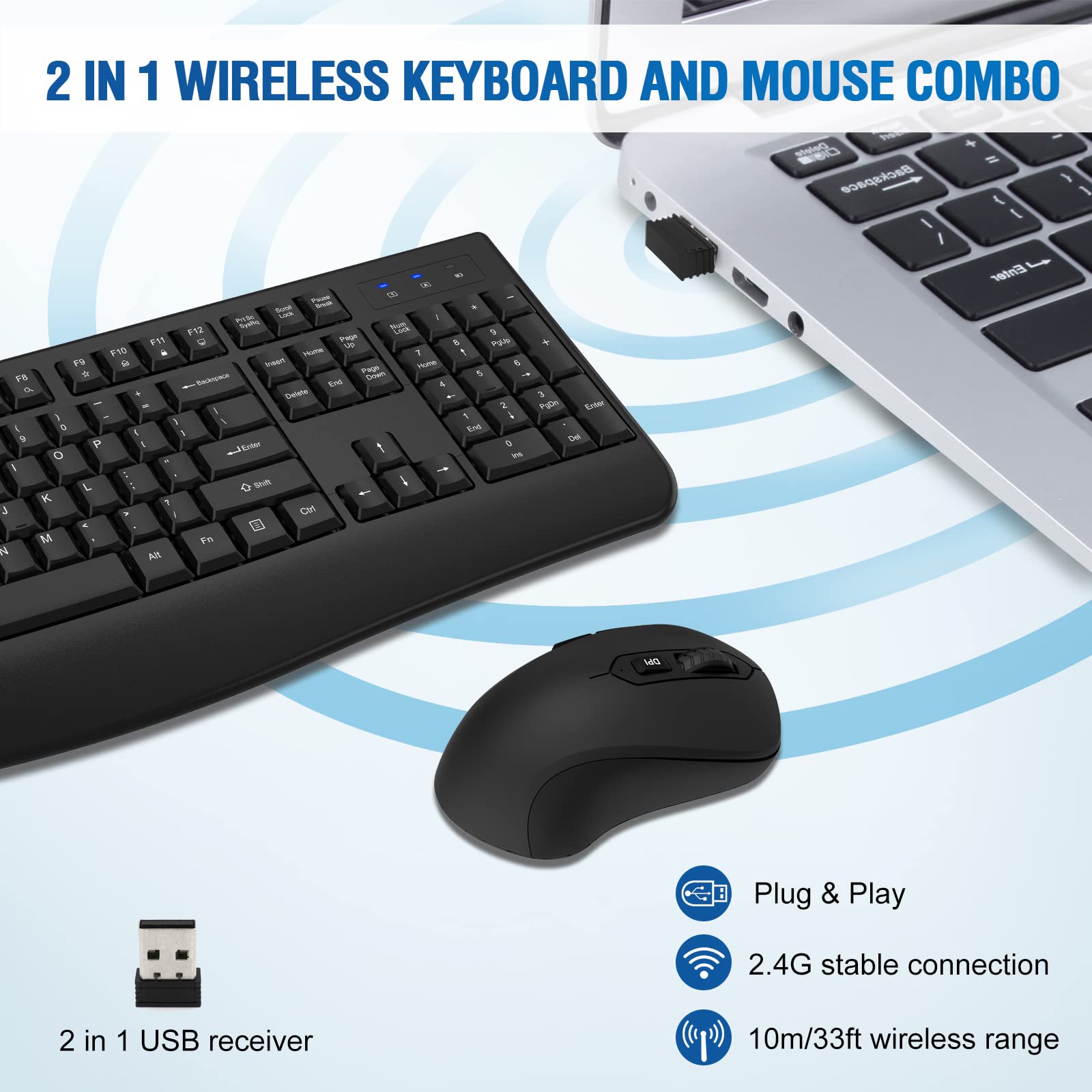 Wireless Keyboard And Mouse Combo, Full Sized 2.4Ghz Comfortable Palm Rest And Optical Wireless Mouse For Windows, Mac Os Pc/Des
