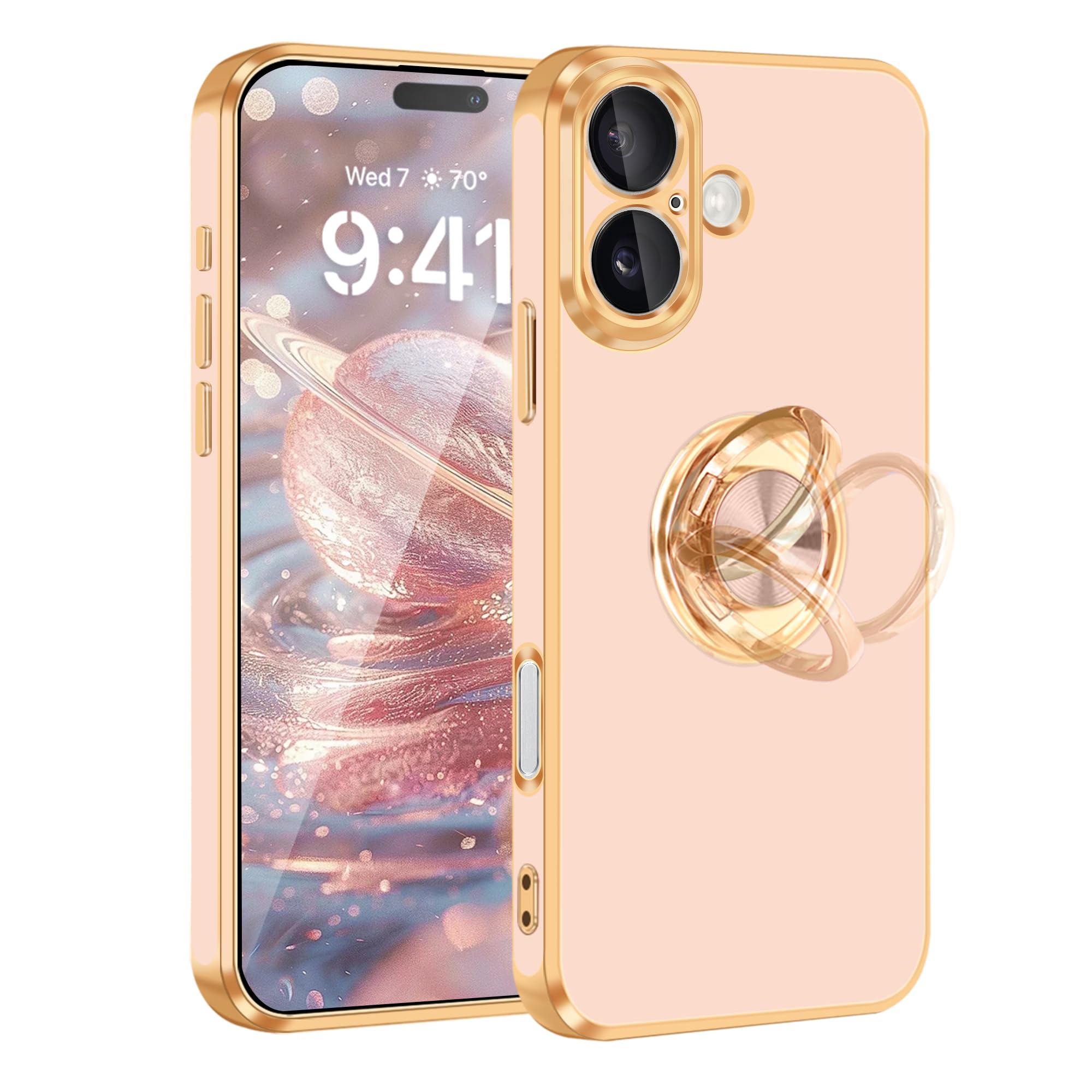 Fingic For Iphone 16 Plus Phone Case[With 360Ring Holder][Support Magnetic Car Mount]Cute Kickstand Slim Women Girl Nonslip Hard