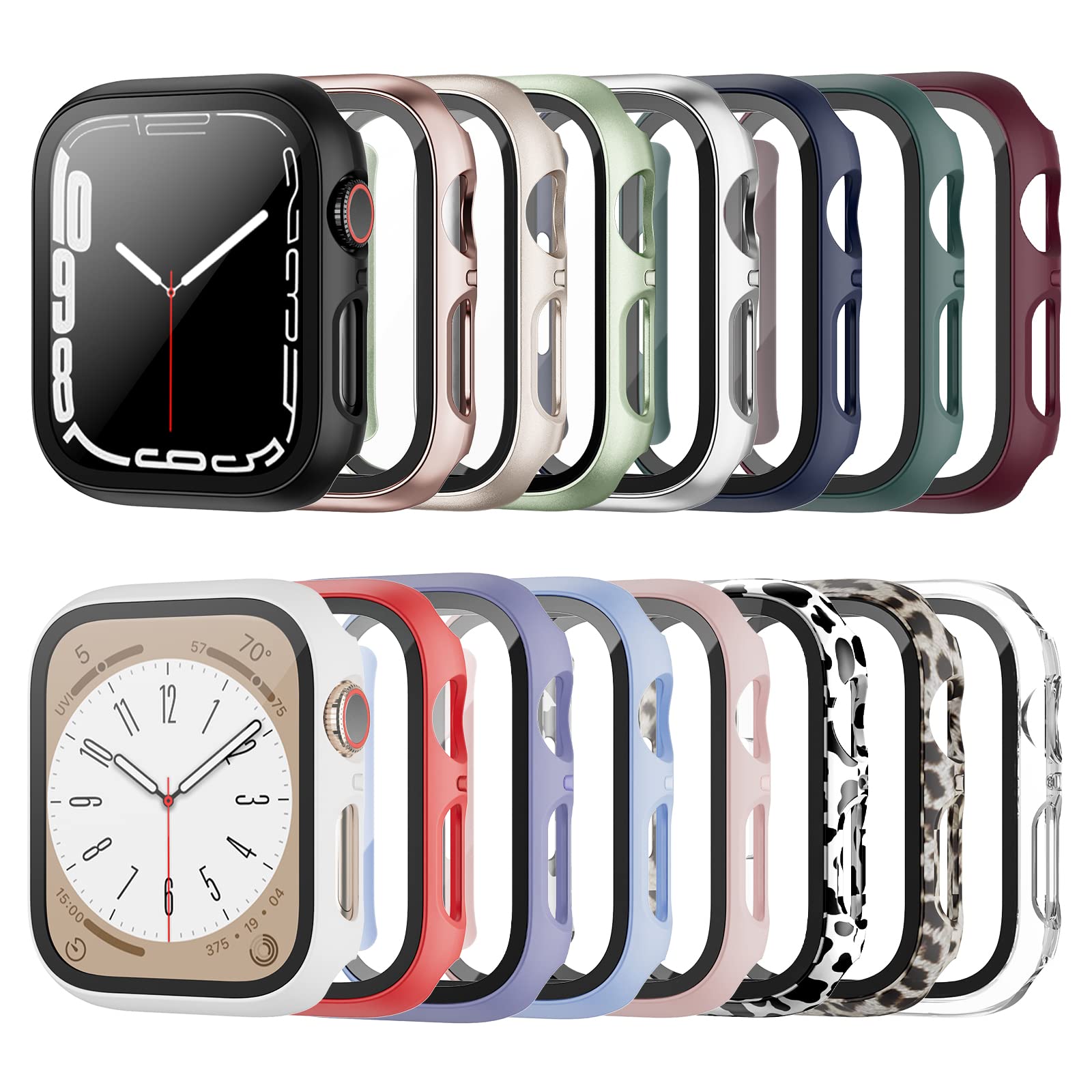 Haojavo 16 Pack Case for Apple Watch Series 8 & Series 7 45mm with Tempered Glass Screen Protector, Hard Ultra-Thin Scratch Resi