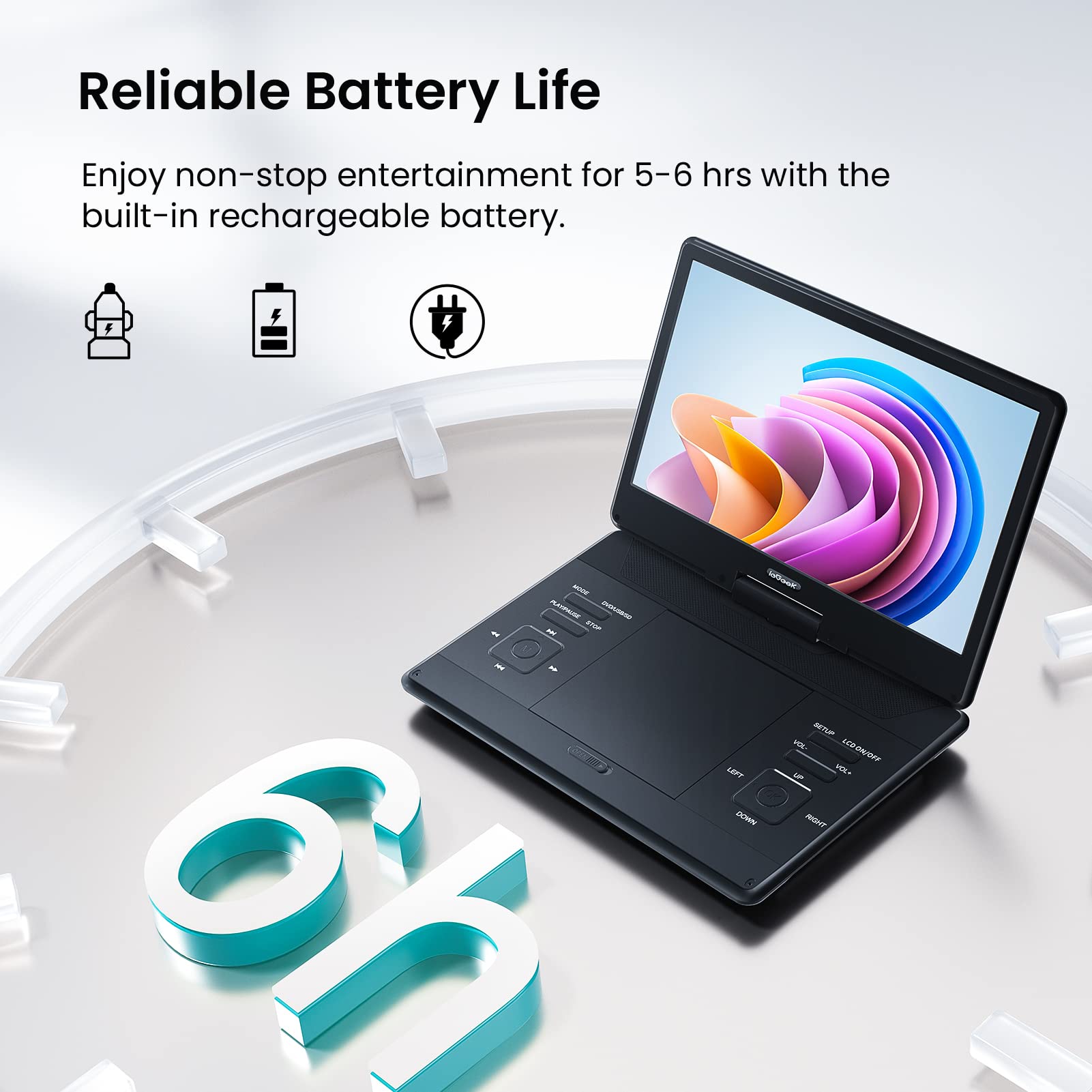 Iegeek 15.9' Portable Dvd Player   With 14.1' Large Hd Screen, 6 Hours Rechargeable Battery, High Volume Speakers, Region Free, Support Usb/Sd/Headphone/Sync Tv And Multiple Formats, Slow Play, Black