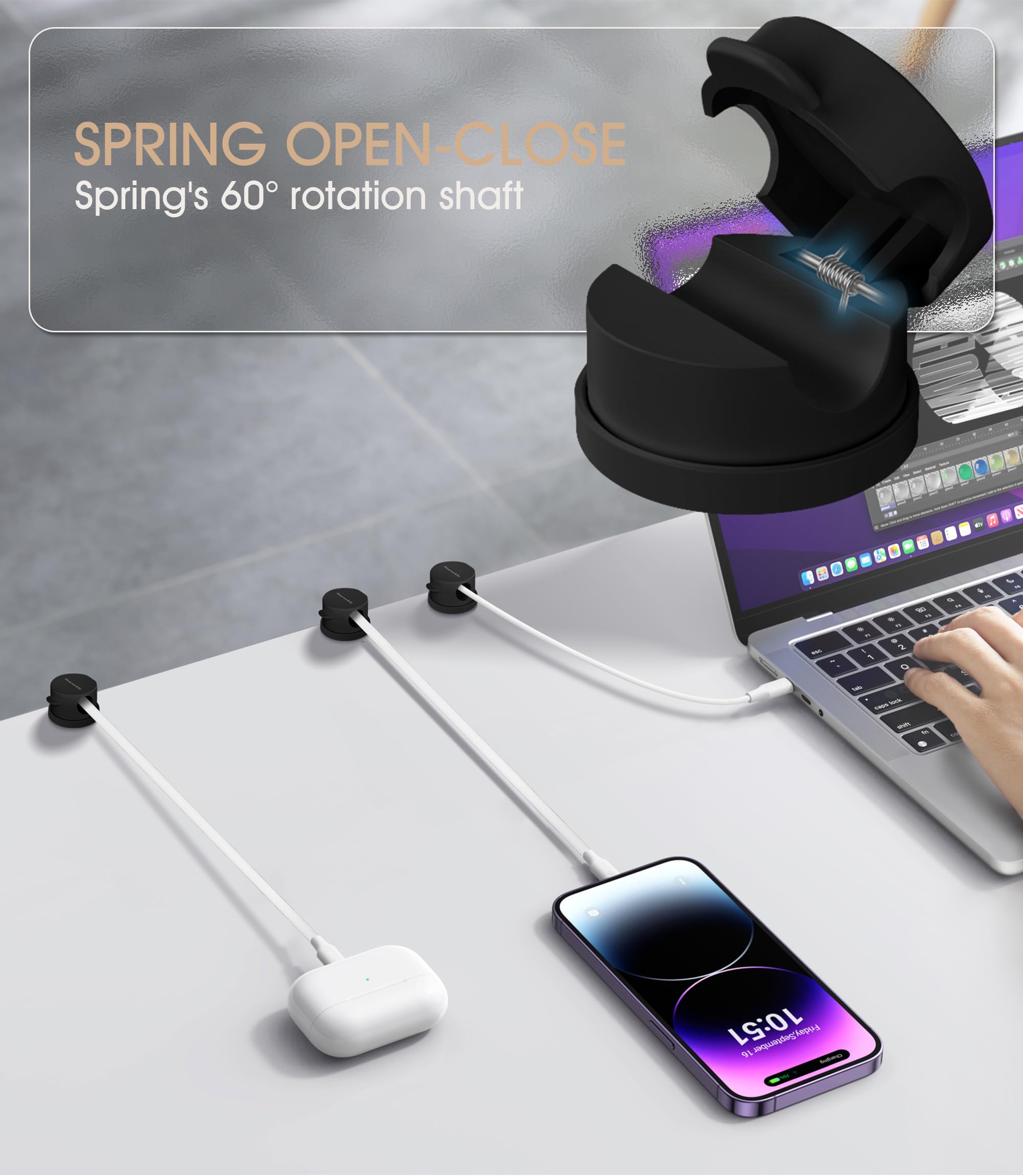 9 Pack Spring Cord Organizer Cable Clips [Locking Cable Rotatable], 2025 Latest Nearockle Phone Charging Cord Holder Cable Manag