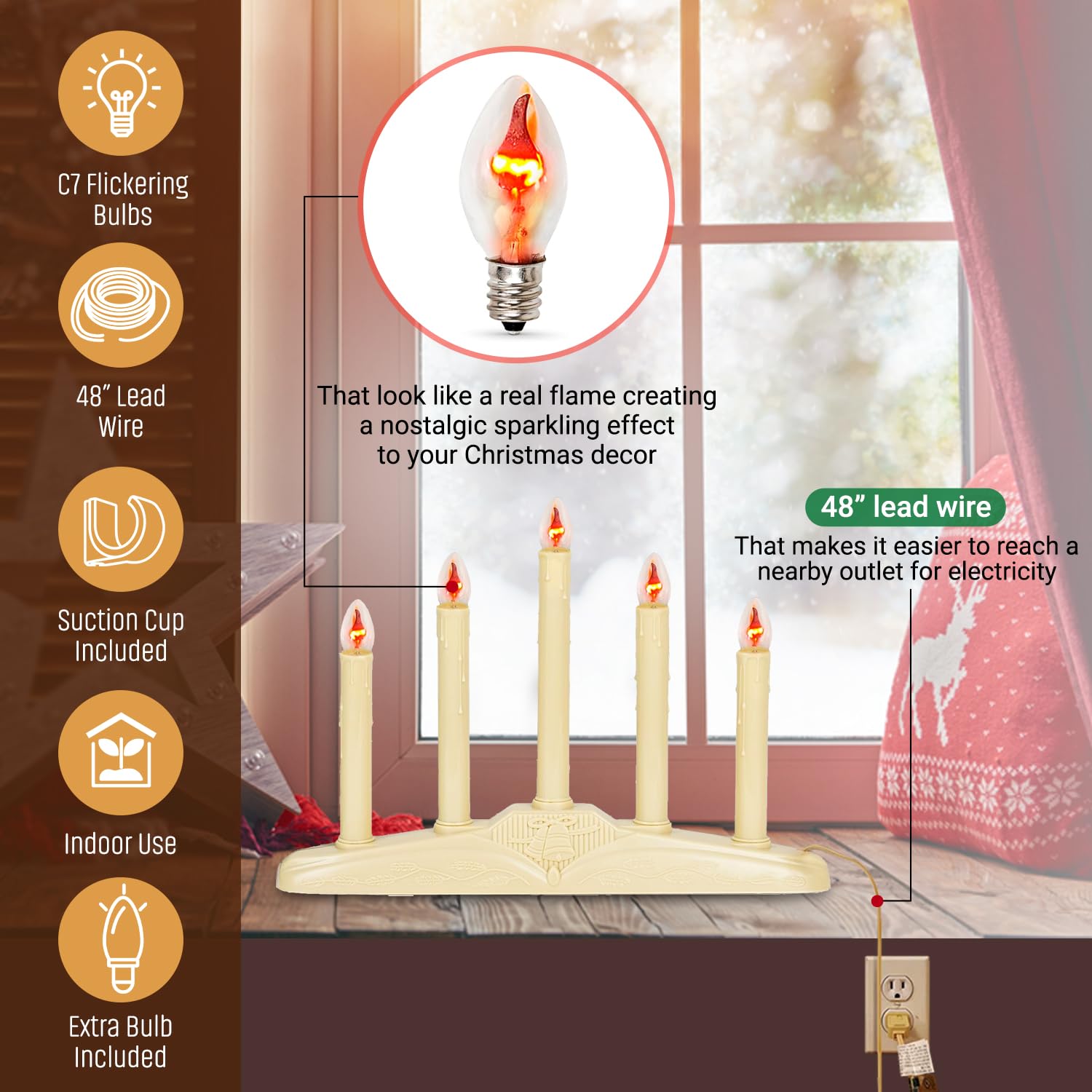 Tupkee Christmas Candolier Window Candles   With Flickering Bulbs   5 Lights Indoor   Flameless Electric Window Candles Candelab