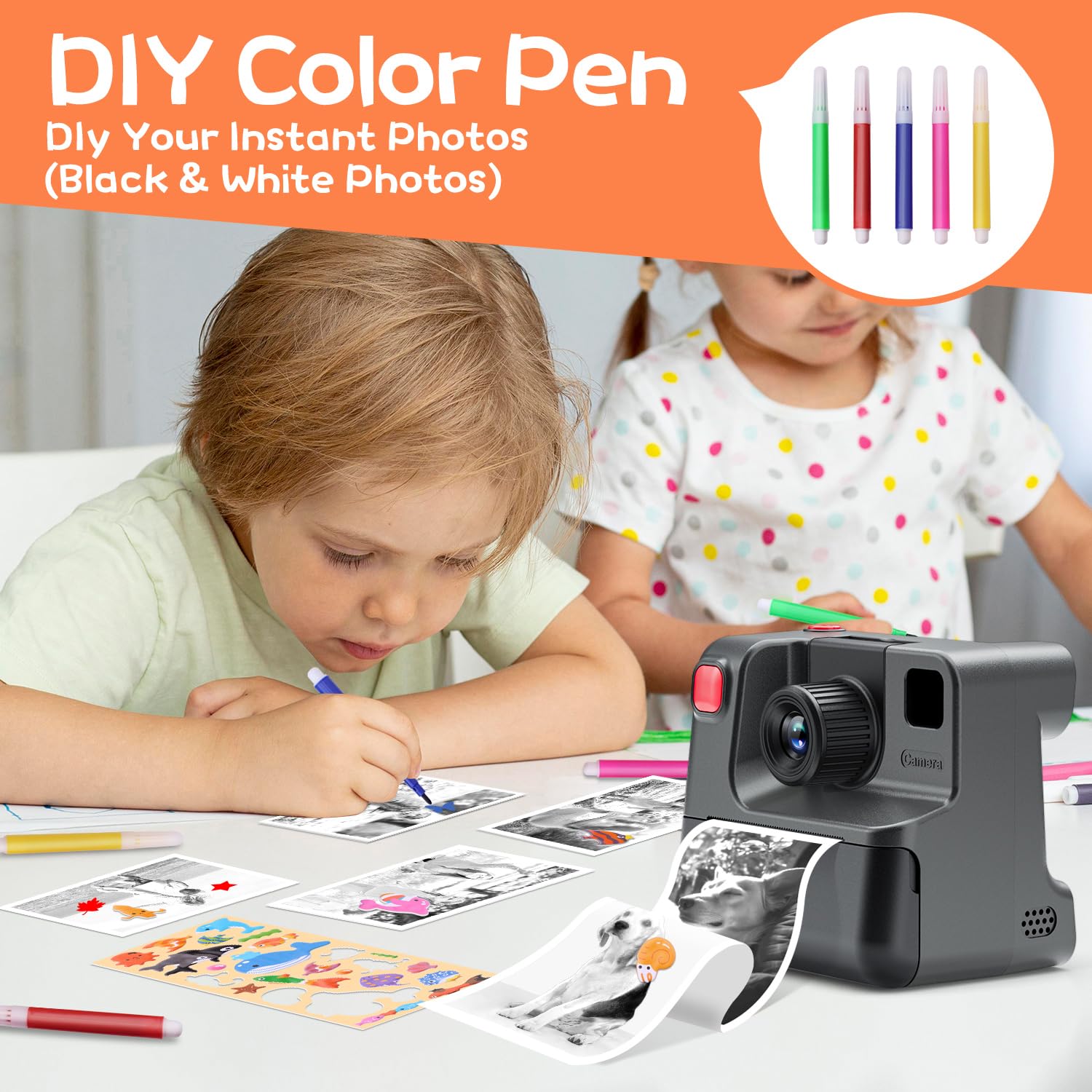 Instant Print Camera For Kids, 1080P Kids Instant Cameras,Hd Digital Video Cameras Toddler 3 Print Paper & 32G Card,Christams Bi