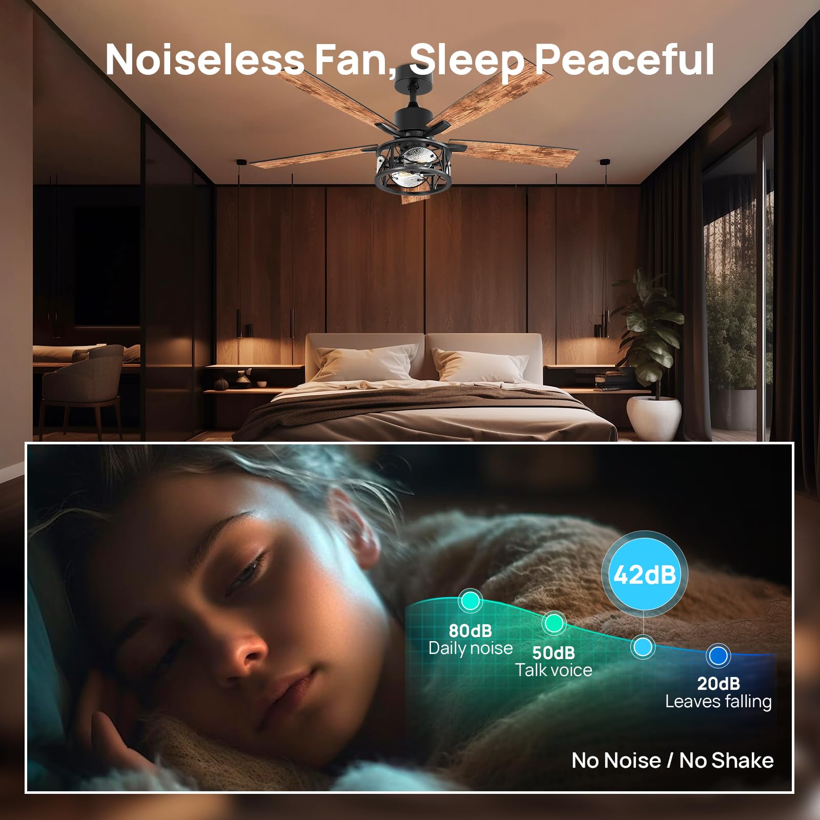 Consciot Ceiling Fan With Lights, 52'' Farmhouse Indoor Ceiling Fan With Remote, Quiet Reversible Dc Motor, 5 Double Finish Wood