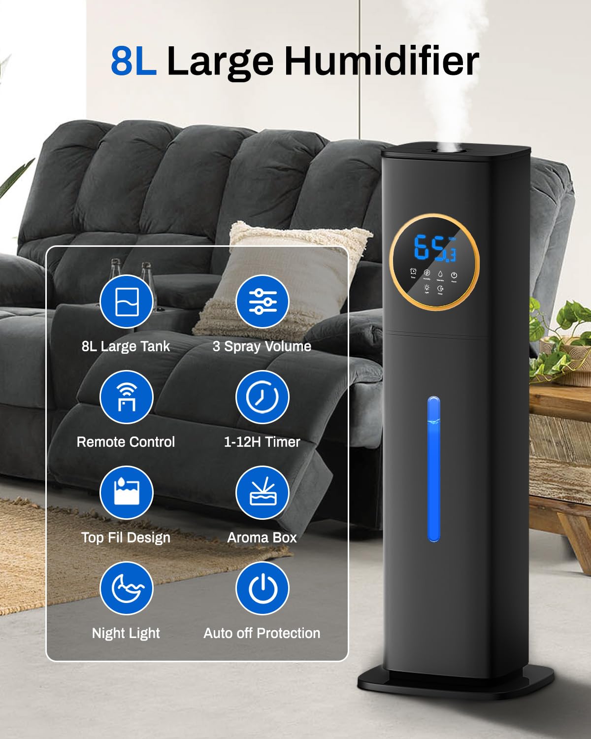 Humidifier Large Room Bedroom With Night Light, 2.1Gal(8L) Humidifiers For Home With Essential Oil Diffuser, Top Fill Whole Hous